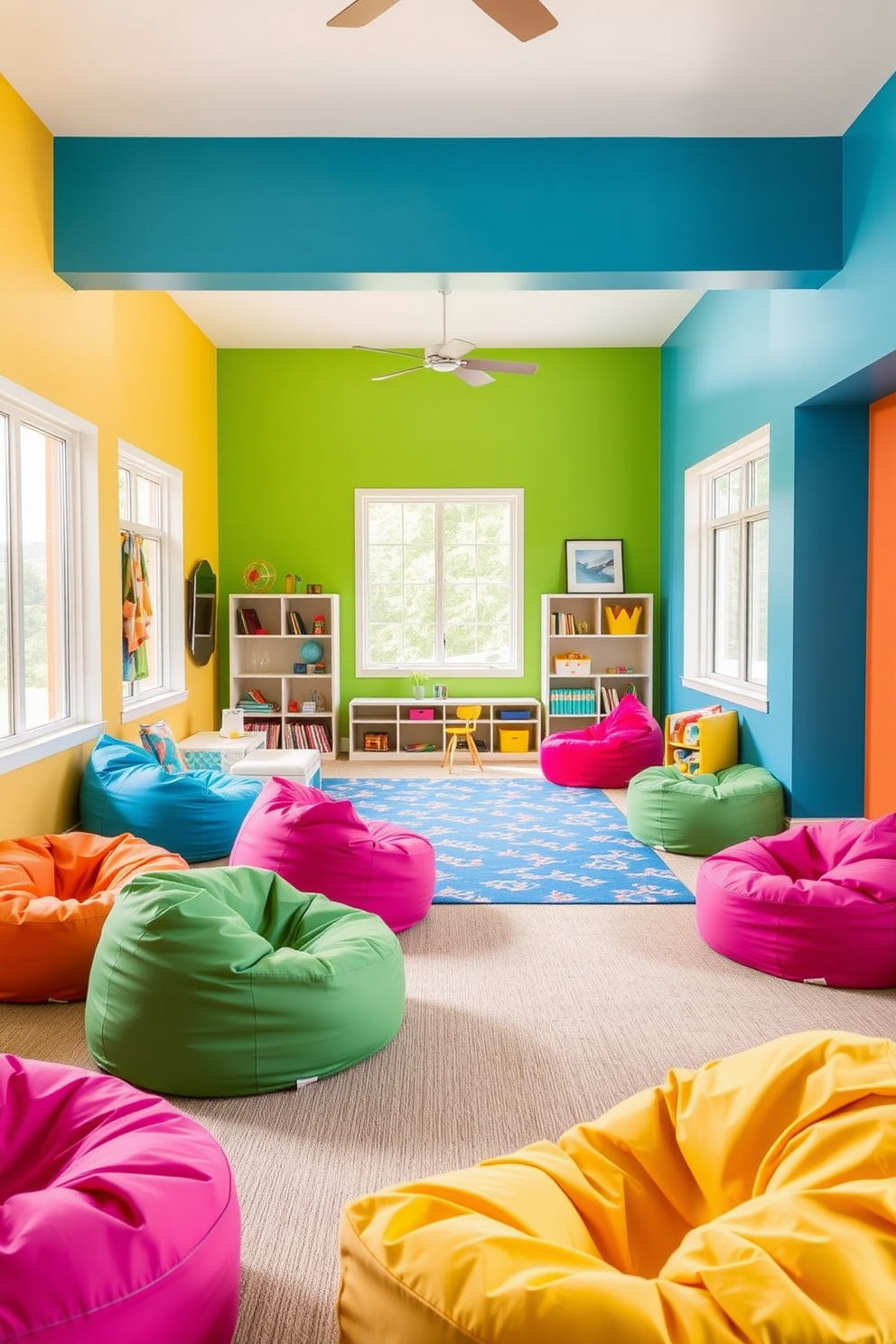 A vibrant family room playroom featuring colorful bean bags scattered throughout the space. The walls are painted in cheerful hues, and large windows allow natural light to fill the room, creating an inviting atmosphere.