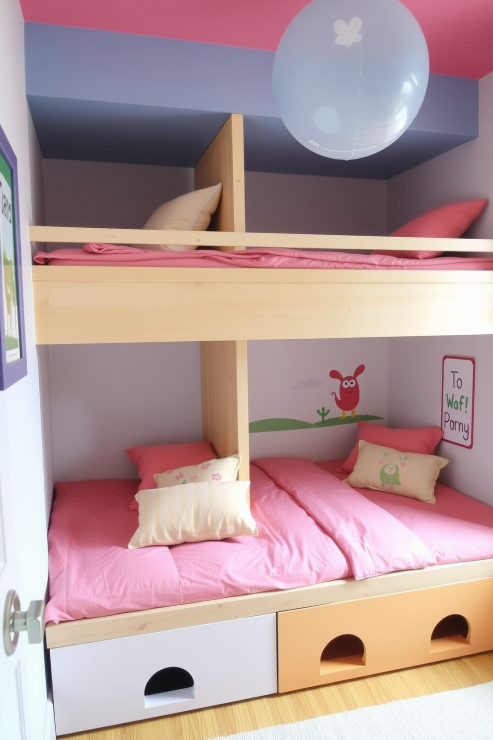 A cozy family room featuring bunk beds with a playful design underneath. The space is brightly colored with soft cushions and playful artwork adorning the walls, creating an inviting atmosphere for children to relax and play.