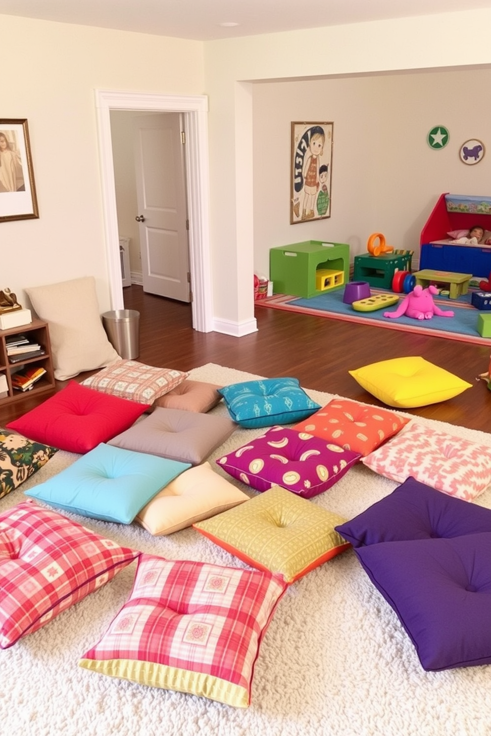 A cozy family room features an array of colorful floor cushions scattered across a soft area rug. The cushions come in various shapes and sizes, providing a relaxed and inviting atmosphere for casual seating. In the playroom, vibrant floor cushions create a fun and playful environment for children. The cushions are designed with different patterns and textures, encouraging creativity and comfort during playtime.