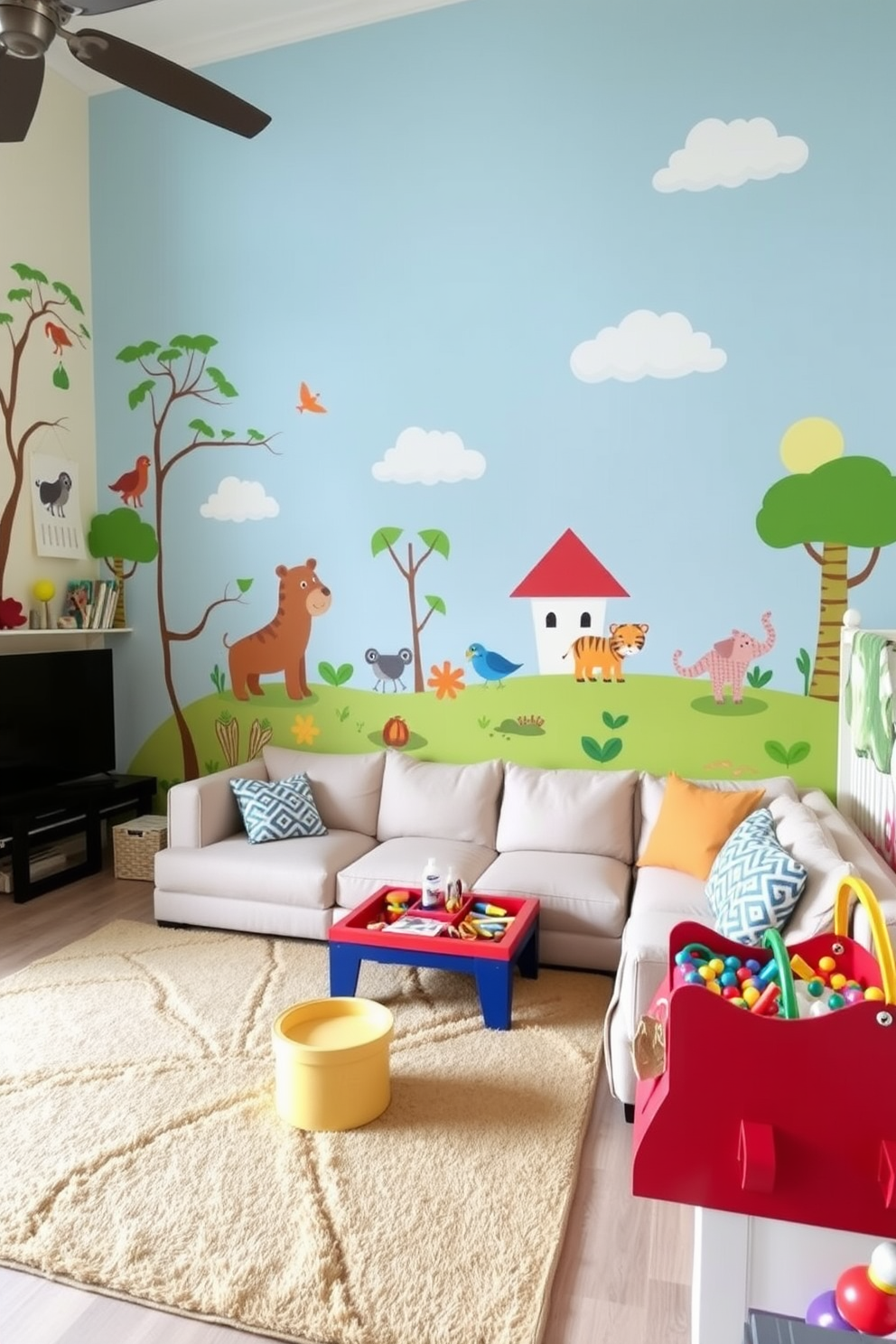 A family room designed with playful wall decals featuring colorful animals and nature scenes. The furniture is cozy and inviting, with a large sectional sofa and a soft area rug in bright, cheerful colors. In the playroom, vibrant wall decals create an imaginative atmosphere with stars and clouds. The space includes a variety of toys and games, with a small table for arts and crafts activities.