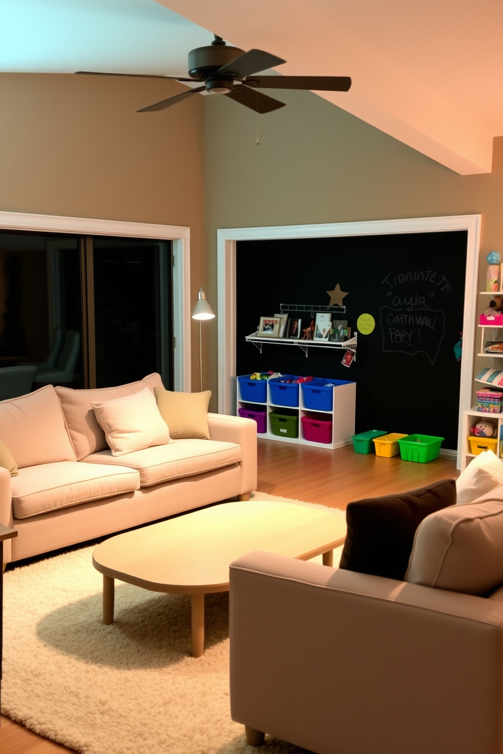 Soft lighting creates a warm and inviting atmosphere in the family room. Plush sofas are arranged around a central coffee table, with a soft area rug underfoot to enhance comfort. In the playroom, vibrant colors and playful decor stimulate creativity and fun. A variety of toys are neatly organized in colorful bins, while a chalkboard wall invites artistic expression.