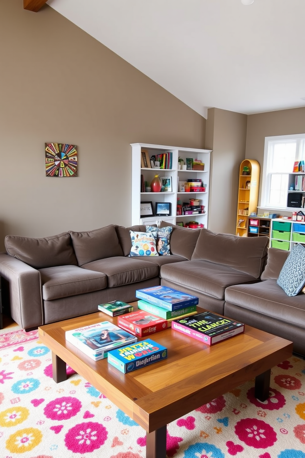 A cozy family room designed for game nights features a large, plush sectional sofa in a warm gray tone. A wooden coffee table is adorned with a selection of colorful board games, inviting family members to gather and play. The playroom is bright and cheerful, showcasing a vibrant area rug that defines the space. Shelves filled with toys and games line the walls, while a small table with chairs is perfect for arts and crafts activities.