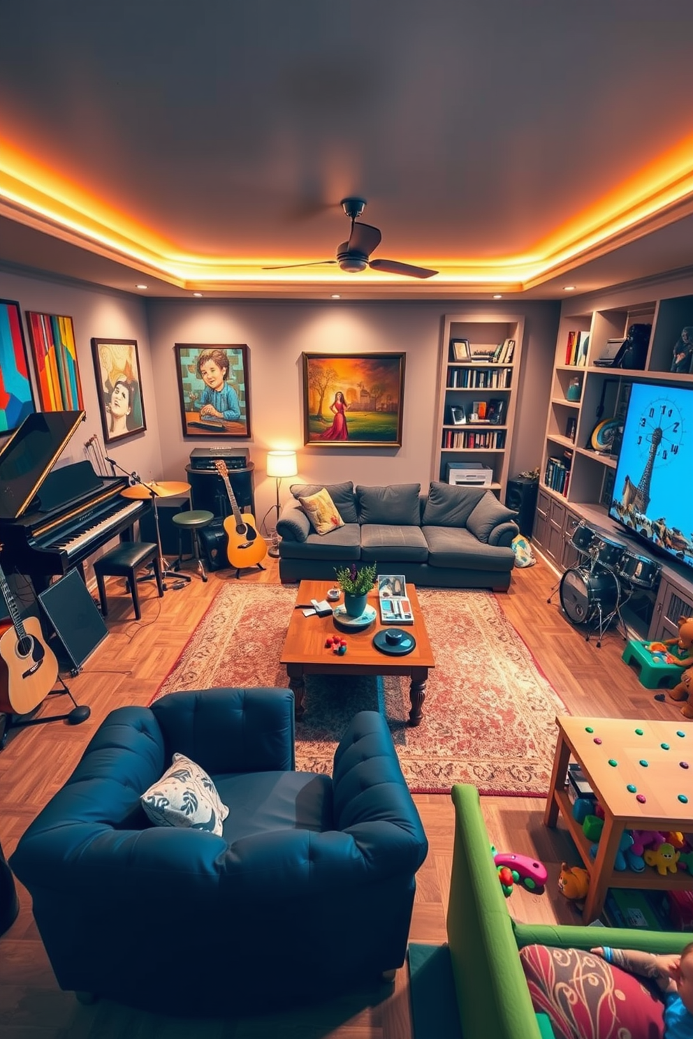 A vibrant musical instruments corner filled with various instruments such as a grand piano, acoustic guitar, and a set of drums. The walls are adorned with colorful artwork and the floor is covered with a soft area rug to create a cozy atmosphere. A family room designed for relaxation and entertainment featuring a large sectional sofa and a coffee table in the center. The space is illuminated by warm lighting and includes built-in shelves filled with books and family photos. A playful playroom filled with bright colors and engaging activities for children. The room includes a variety of toys, a small table for arts and crafts, and comfortable seating for storytelling sessions.