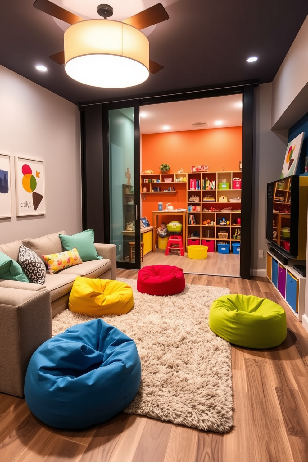 A family room playroom designed with sliding doors for flexible space use. The room features a cozy sectional sofa in soft gray, paired with colorful bean bags scattered around a plush area rug. On one side, a large sliding door opens to reveal a vibrant play area filled with toys and games. Brightly colored wall art and playful shelving units add a whimsical touch to the space.