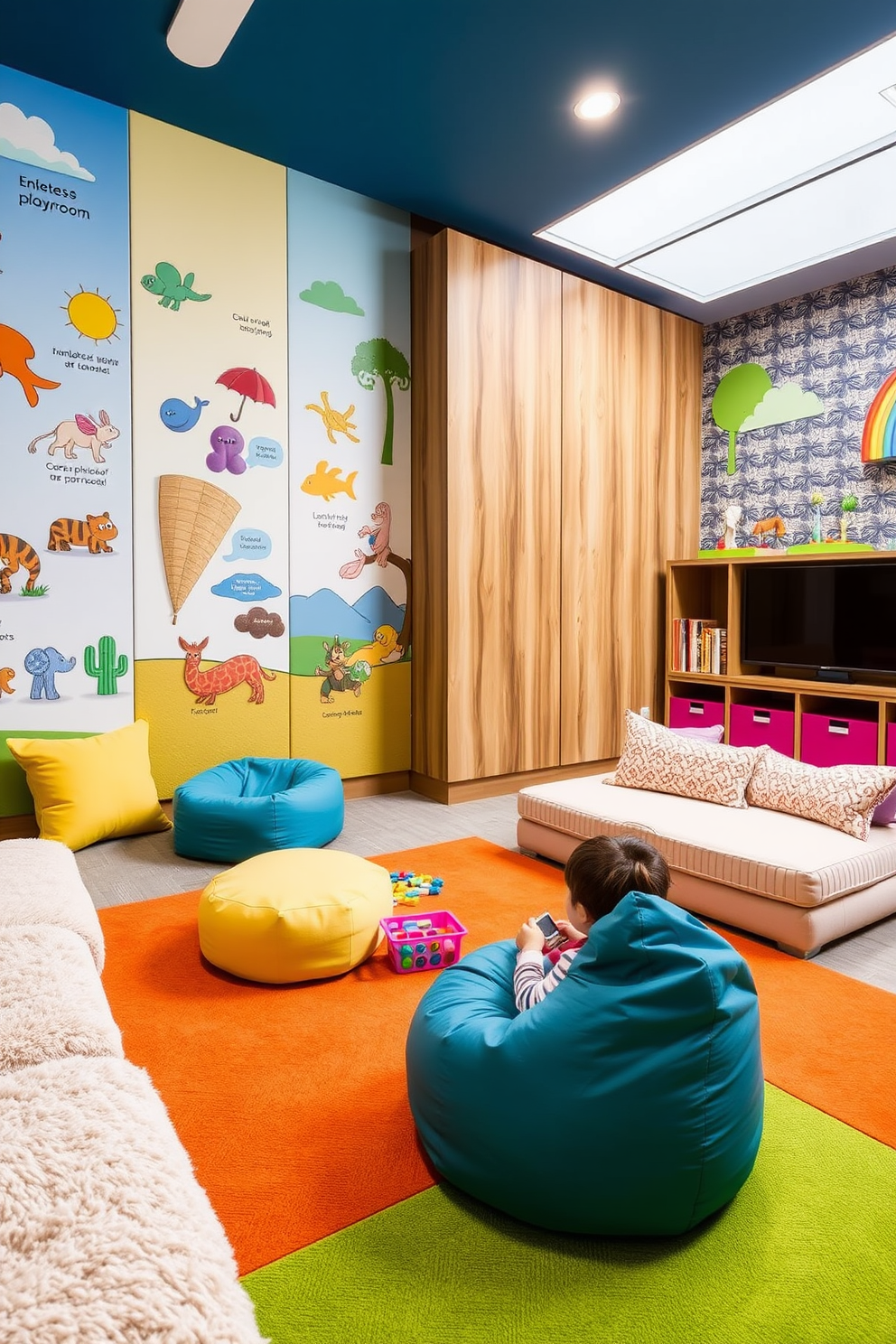 Interactive wall panels designed for a family playroom create an engaging learning environment. The walls are adorned with colorful, educational graphics and textures that invite children to explore and interact. Soft seating areas are arranged with plush cushions and bean bags to encourage comfort and creativity. Brightly colored rugs define play zones, while ample storage solutions keep toys organized and accessible.