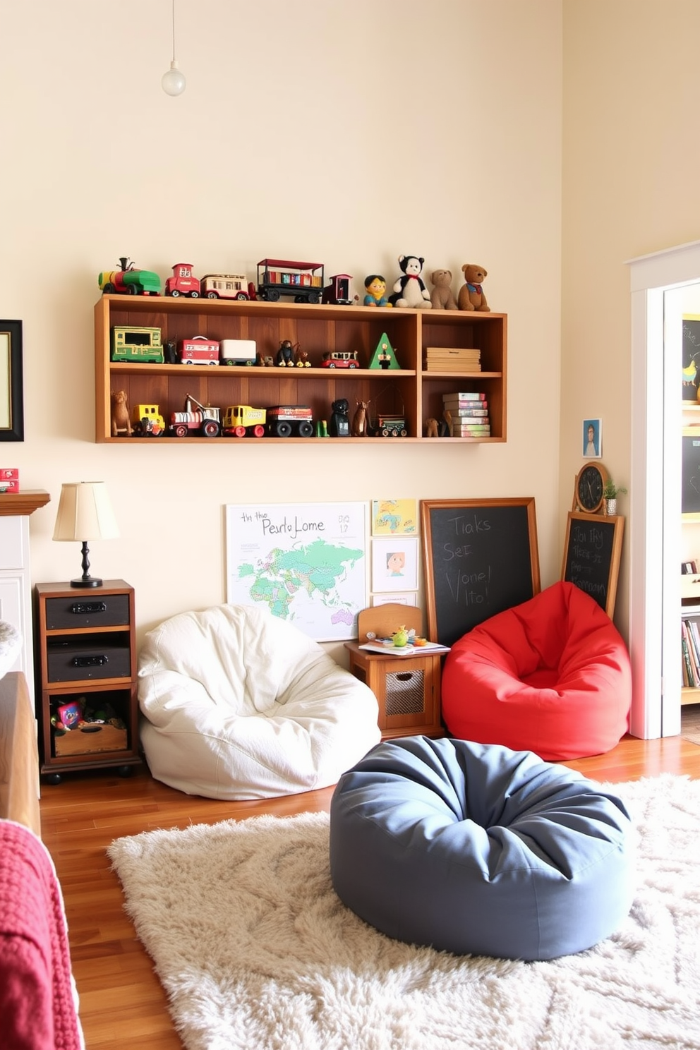 A vintage toy display is the focal point of the family room, featuring a wooden shelf filled with classic toys like wooden trains and stuffed animals. The walls are painted in soft pastel colors, creating a warm and inviting atmosphere for both children and adults. In the playroom, a cozy reading nook is created with a plush rug and oversized bean bags, perfect for storytime. Brightly colored artwork adorns the walls, and a chalkboard surface invites creativity and play.