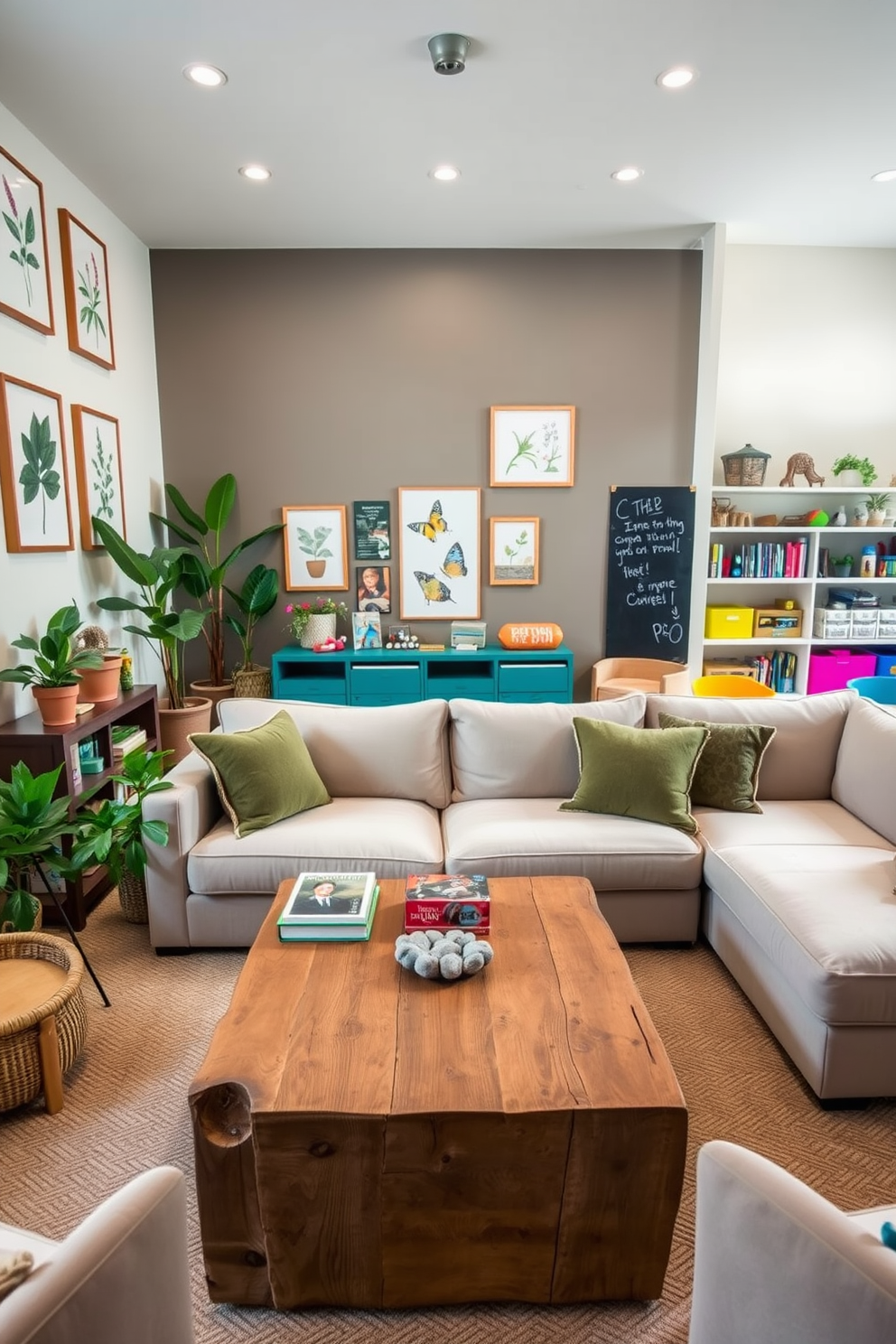 A serene family room featuring nature-themed decor. The walls are adorned with botanical prints and the furniture is upholstered in soft, earthy tones. In the center, a large, plush sectional sofa invites relaxation, surrounded by potted plants and natural wood accents. A coffee table made from reclaimed wood holds a collection of nature-inspired books and a few decorative stones. A playful playroom designed for creativity and fun. Brightly colored furniture and wall art create an inviting atmosphere for children to explore. The space includes a cozy reading nook with oversized cushions and a chalkboard wall for artistic expression. Shelves filled with toys and games encourage imaginative play and learning.