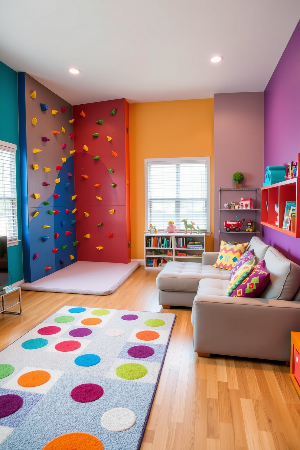 A vibrant family room features an indoor climbing wall that spans one side of the room, encouraging active play for children. The walls are painted in bright colors, and soft mats are placed below the climbing area for safety and comfort. Adjacent to the climbing wall, a cozy seating area includes a large sectional sofa adorned with colorful cushions. A playful rug anchors the space, while shelves filled with books and toys add a whimsical touch to the playroom design.