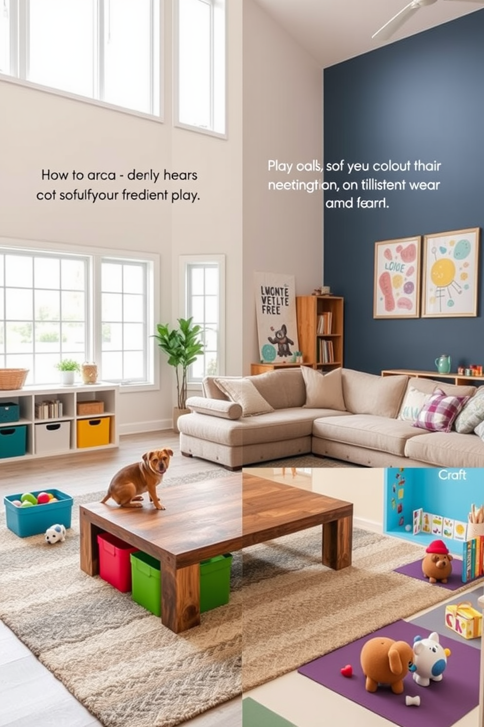 A pet-friendly play area designed with durable materials features a soft yet resilient rug that can withstand wear and tear. Colorful storage bins are incorporated to keep toys organized, while a cozy corner with cushions provides a comfortable spot for pets to relax. The family room is designed for both relaxation and entertainment, featuring a large sectional sofa that invites family gatherings. A stylish coffee table made from reclaimed wood adds character, while floor-to-ceiling windows flood the space with natural light. The playroom design includes vibrant wall colors and playful artwork that sparks creativity. A variety of activity zones are created, with a reading nook filled with books and a craft area equipped with supplies for imaginative projects.