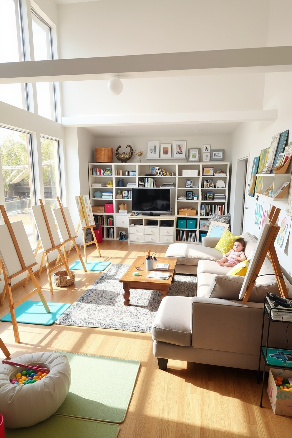 Art station with easels and supplies. The space is bright and airy with large windows allowing natural light to flood in. There are multiple easels set up around the room, each with canvases ready for painting. Shelves are filled with art supplies including paints, brushes, and sketchbooks, creating an inspiring environment for creativity. Family Room. The family room features a large sectional sofa in a soft, neutral fabric, accented with colorful throw pillows. A wooden coffee table sits in the center, surrounded by a plush area rug, while a media console holds a flat-screen TV and decorative items. Playroom Design Ideas. The playroom is vibrant and playful, with walls painted in cheerful colors and a variety of artwork displayed. There are soft play mats on the floor, along with shelves filled with toys, books, and games, creating an engaging space for children to explore and enjoy.