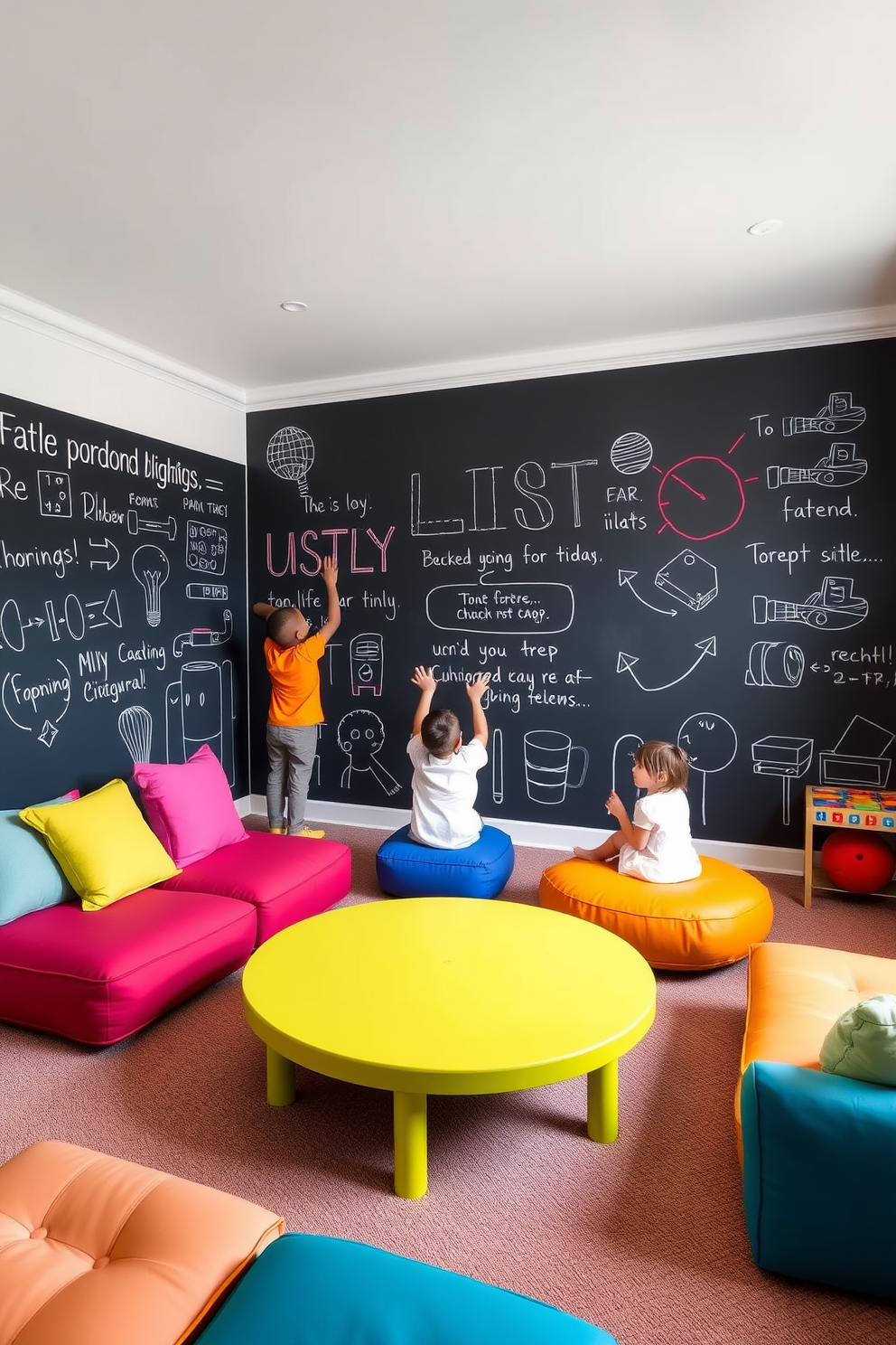 A vibrant family room playroom features an interactive chalkboard wall that encourages creativity and self-expression. The space is filled with colorful cushions and playful furniture, creating an inviting atmosphere for children to explore and engage.