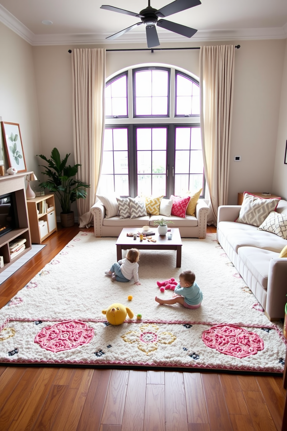 A cozy family room play area featuring a soft area rug in pastel colors to ensure safe playtime for children. The room is filled with plush cushions and a low coffee table, creating a welcoming space for family gatherings and play.