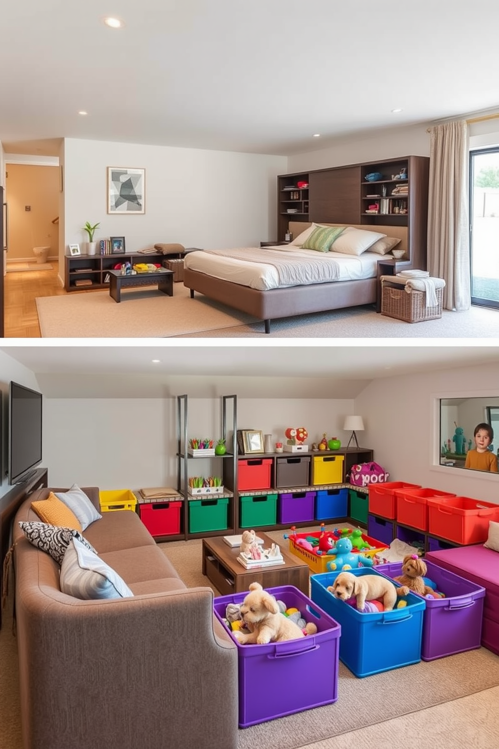 A cozy family room featuring multi-functional furniture that maximizes space efficiency. A large sectional sofa doubles as a sleeper bed, while a coffee table transforms into a storage unit. The playroom is designed with modular furniture that can be easily rearranged. Colorful storage bins are integrated into the seating, providing both comfort and organization for toys.