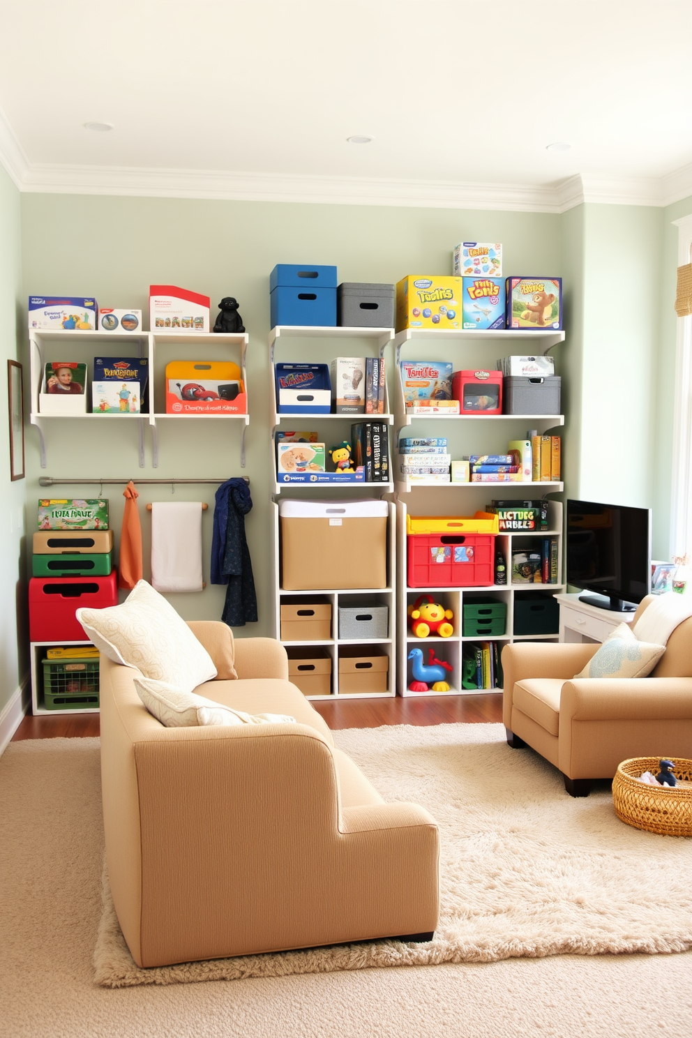 A cozy family room playroom featuring wall-mounted storage solutions for toys and games. The walls are painted in a cheerful pastel color, and plush seating options are arranged around a soft area rug.