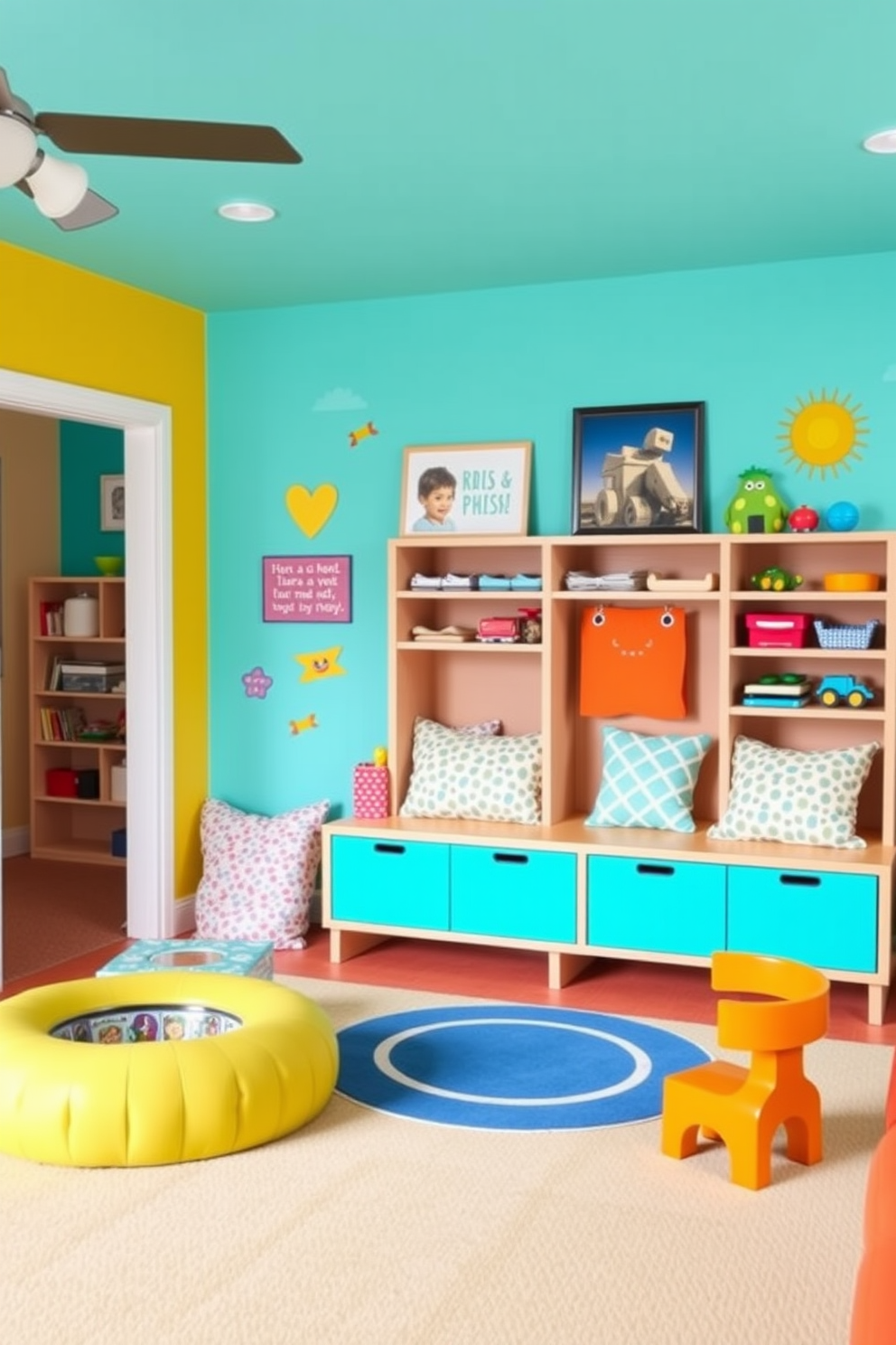 Brightly colored accent walls create a vibrant and playful atmosphere in a family room playroom. The walls are painted in bold hues like turquoise and sunny yellow, complemented by playful wall decals and artwork that inspire creativity.