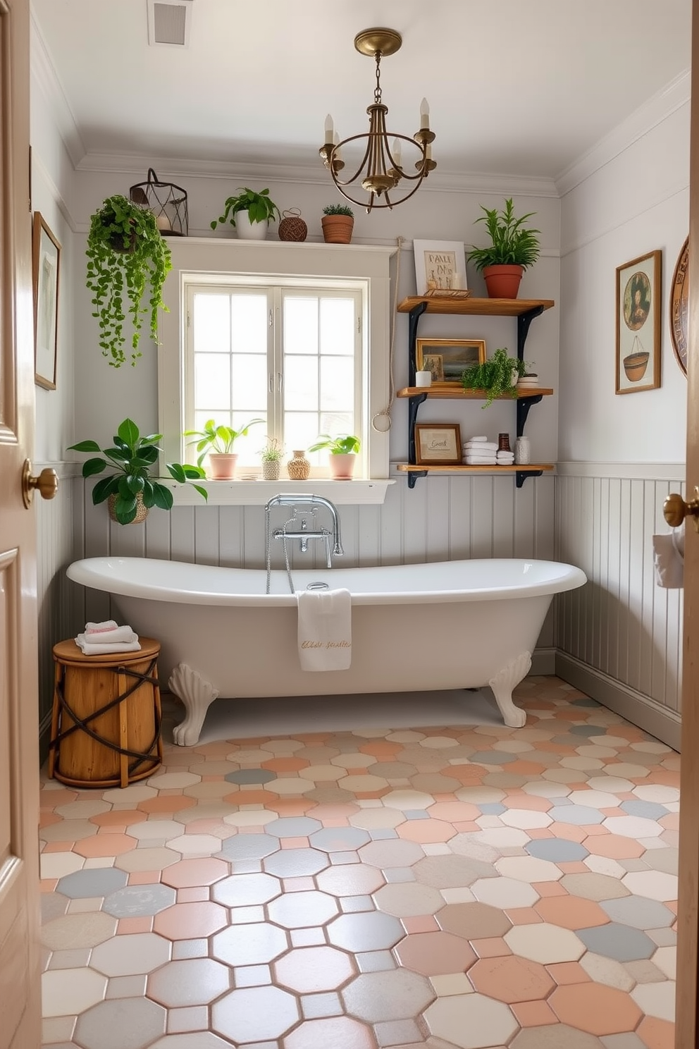 A charming farmhouse bathroom featuring unique hexagonal tile flooring in soft pastel colors. The space is complemented by a freestanding clawfoot tub and rustic wooden shelves adorned with potted plants and vintage decor.