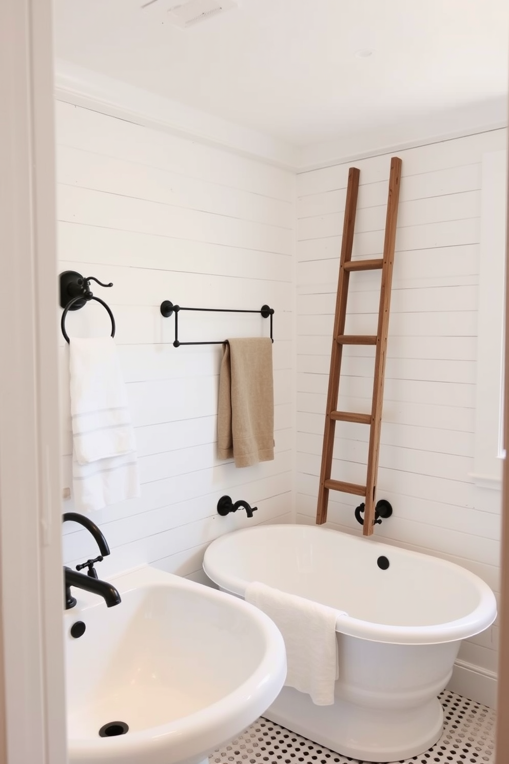 A charming farmhouse bathroom featuring a rustic ladder towel rack made of reclaimed wood. The space is adorned with shiplap walls painted in soft white, complemented by vintage-inspired fixtures and a freestanding soaking tub.