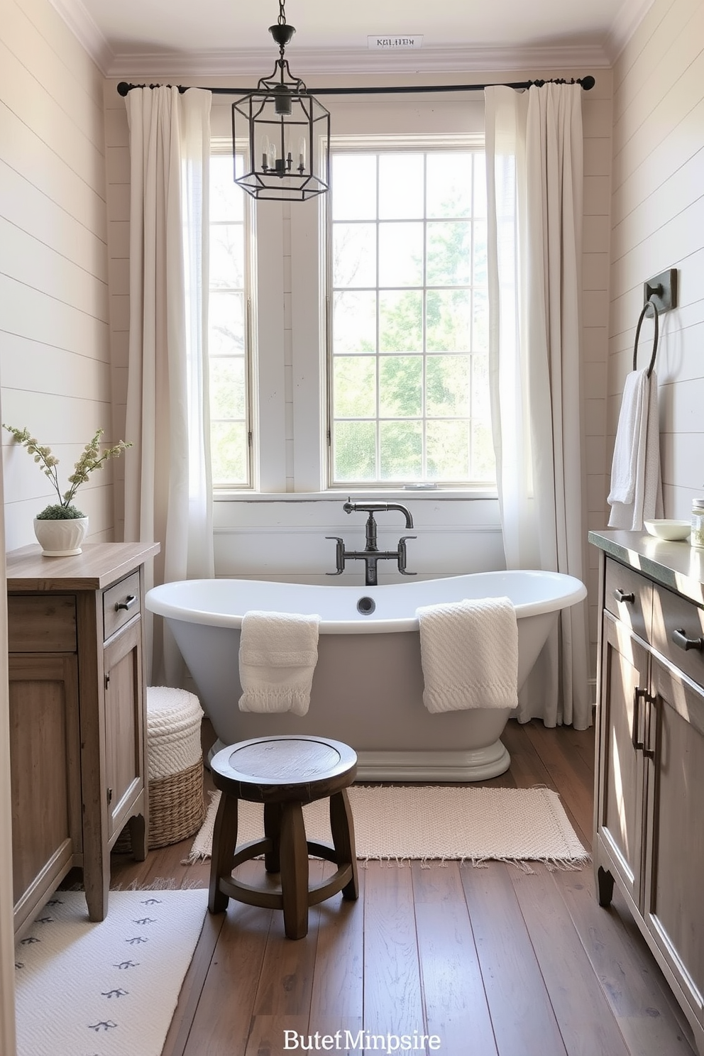 A serene farmhouse bathroom featuring soft textiles for cozy warmth. The space includes a freestanding soaking tub draped with a plush white throw blanket and a vintage wooden stool beside it. The walls are adorned with shiplap in a soft cream color, complemented by a rustic wooden vanity topped with a distressed finish. A large window allows natural light to flood the room, with sheer linen curtains gently framing the view.