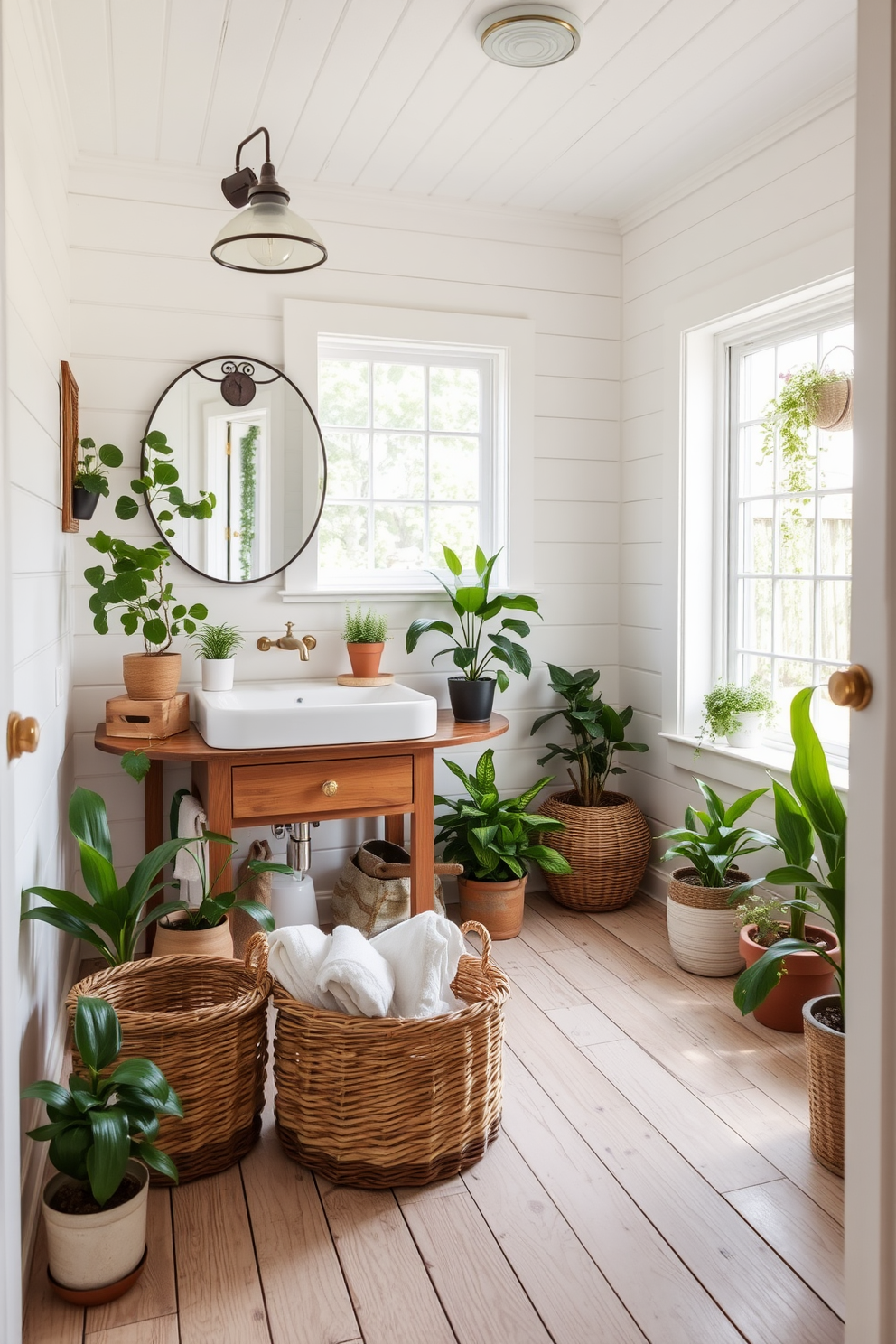 A charming farmhouse bathroom featuring potted plants scattered throughout the space. The room has a rustic wooden vanity with a white farmhouse sink and vintage brass fixtures. The walls are adorned with shiplap in a soft white color, creating a bright and airy atmosphere. A large window allows natural light to flood in, highlighting the greenery of the potted plants. The floor is finished with distressed wooden planks, adding warmth and character to the design. A woven basket holds extra towels, enhancing the cozy farmhouse feel.