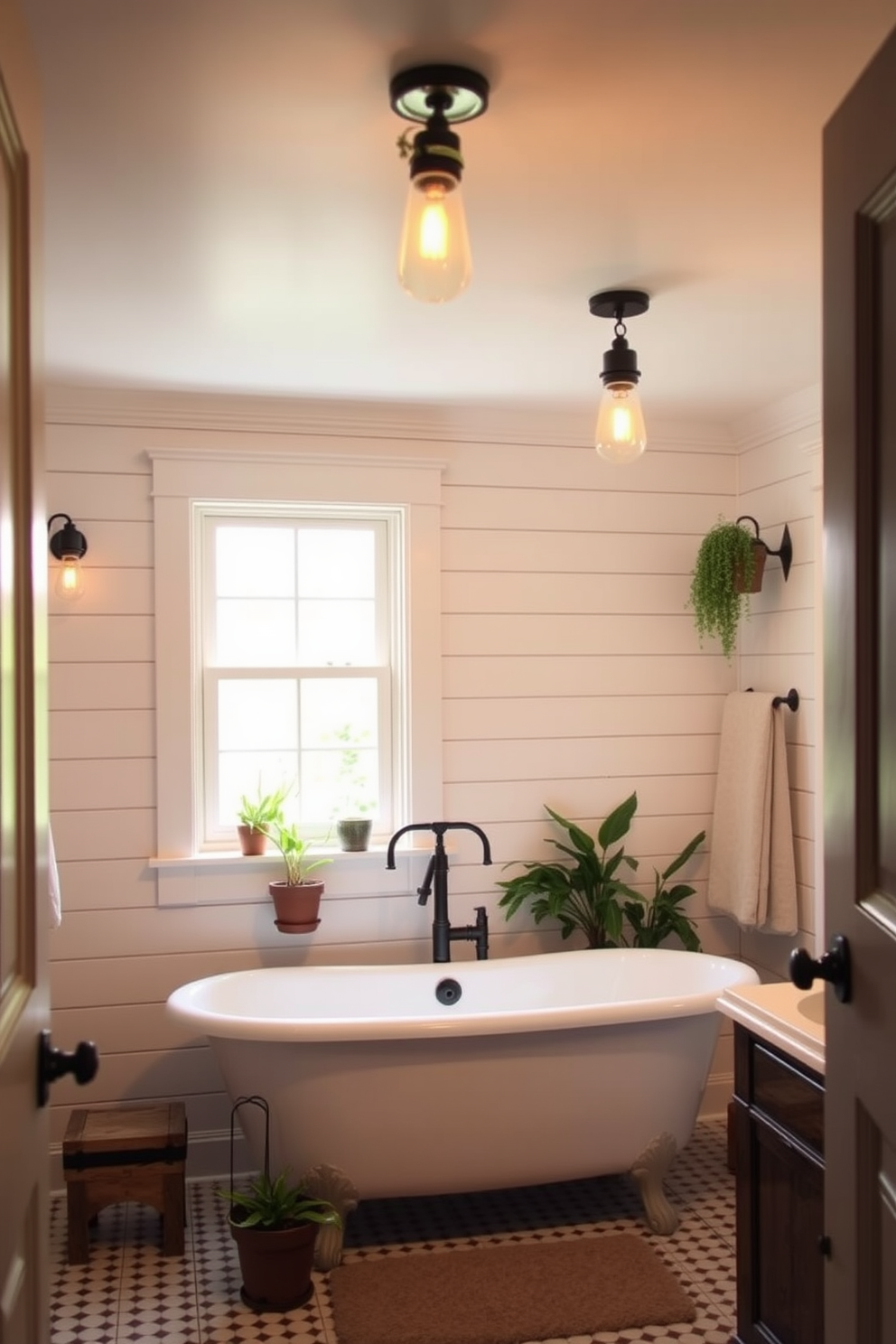 A charming farmhouse bathroom featuring vintage-inspired light fixtures that illuminate the space with a warm glow. The walls are adorned with shiplap, and a freestanding soaking tub sits beneath a window, surrounded by potted plants for a touch of nature.