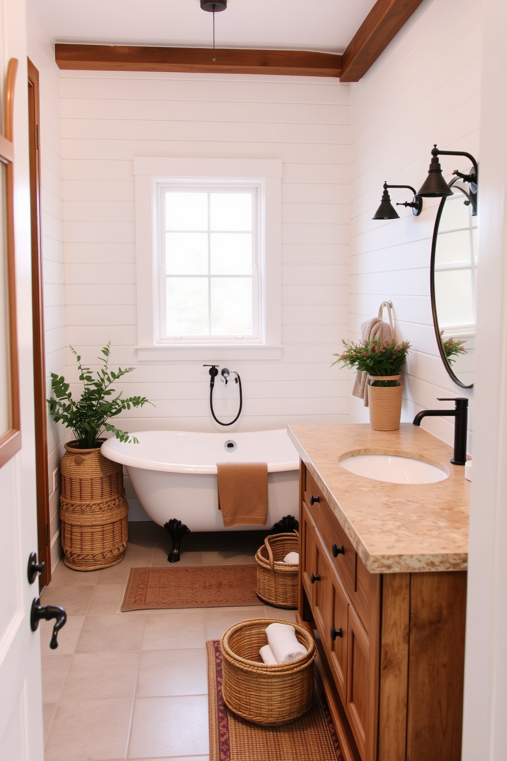 A charming farmhouse bathroom featuring wall-mounted faucets that enhance the sleek aesthetic. The space includes a freestanding tub with a vintage-inspired design, surrounded by shiplap walls painted in soft white. The vanity is crafted from reclaimed wood, topped with a rustic stone surface that adds warmth. Accents of greenery and woven baskets provide a cozy, inviting atmosphere throughout the room.