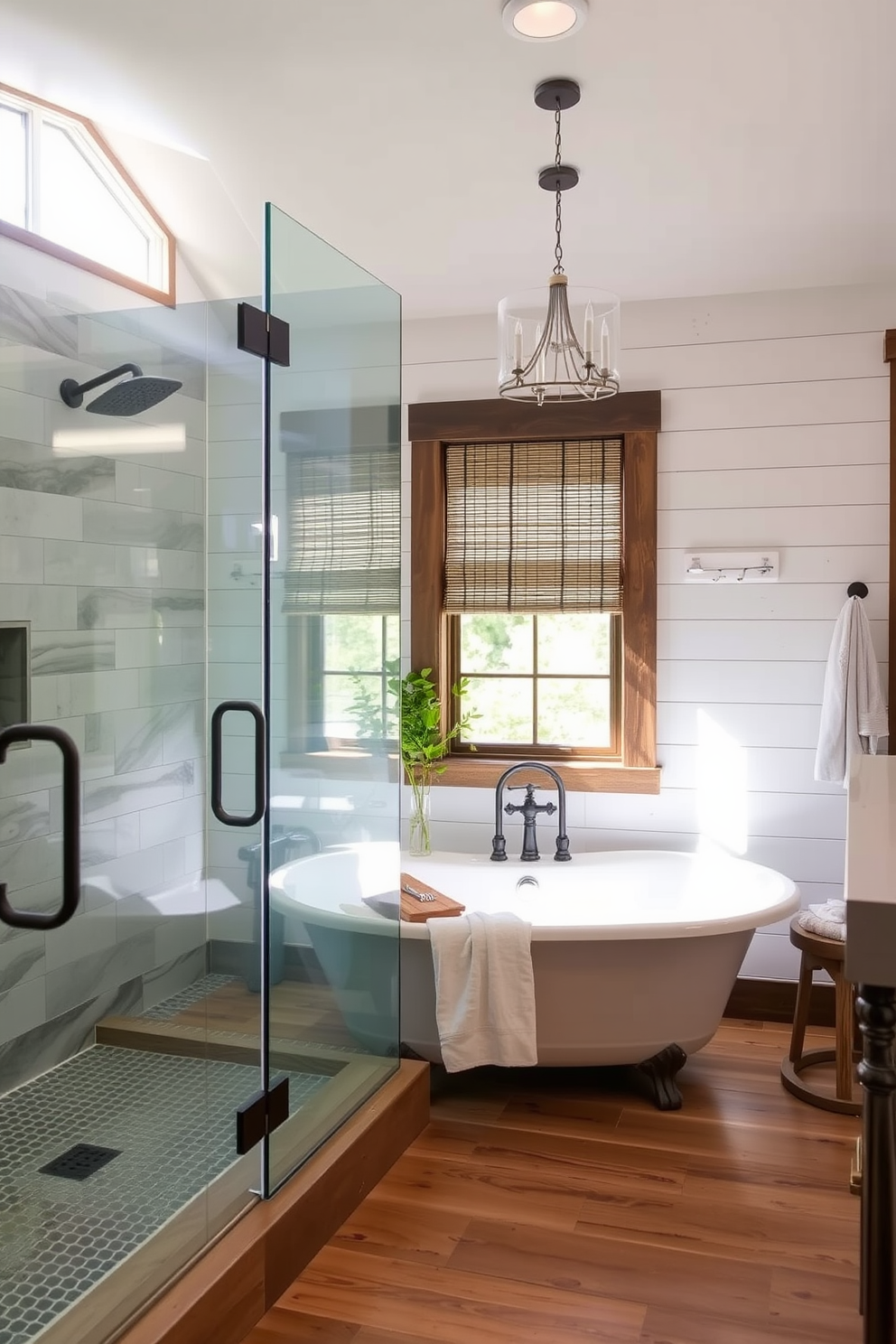 A glass shower enclosure creates a spacious feel in the bathroom while allowing natural light to flow in. The farmhouse design incorporates rustic wooden accents, shiplap walls, and a freestanding tub for a cozy yet elegant atmosphere.