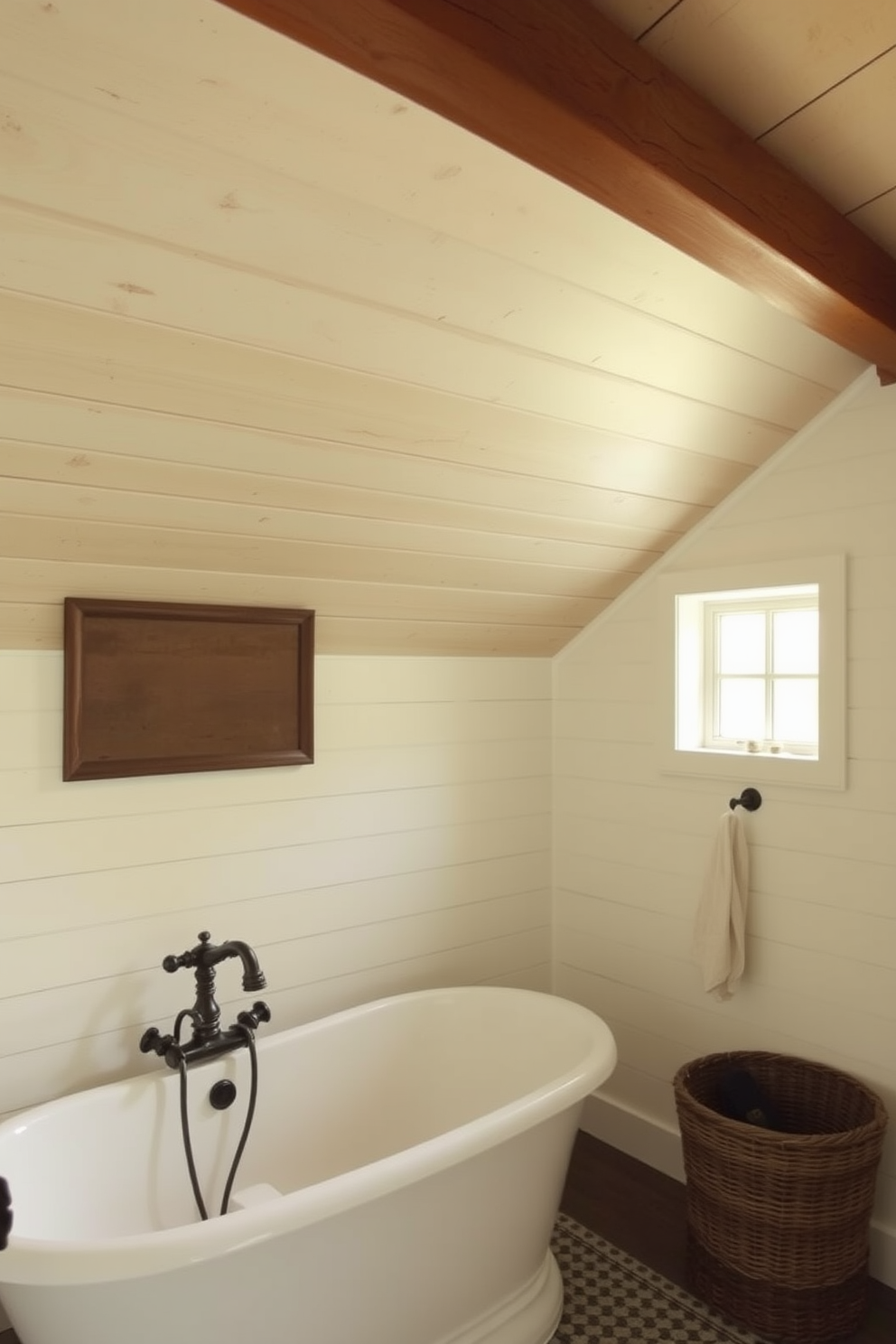 A rustic wooden ladder leans against a white shiplap wall, adorned with neatly hung fluffy towels. The floor is covered with a vintage patterned rug, complementing the farmhouse style with its warm, inviting colors. A freestanding bathtub sits in the corner, surrounded by potted plants that add a touch of greenery. Above the tub, a wrought iron light fixture casts a soft glow, enhancing the cozy atmosphere of the farmhouse bathroom.