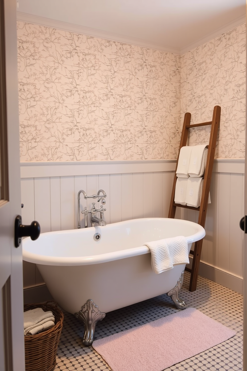 A charming farmhouse bathroom featuring vintage-inspired faucets that add a touch of classic elegance. The space showcases shiplap walls painted in soft white, complemented by a rustic wooden vanity with a distressed finish.