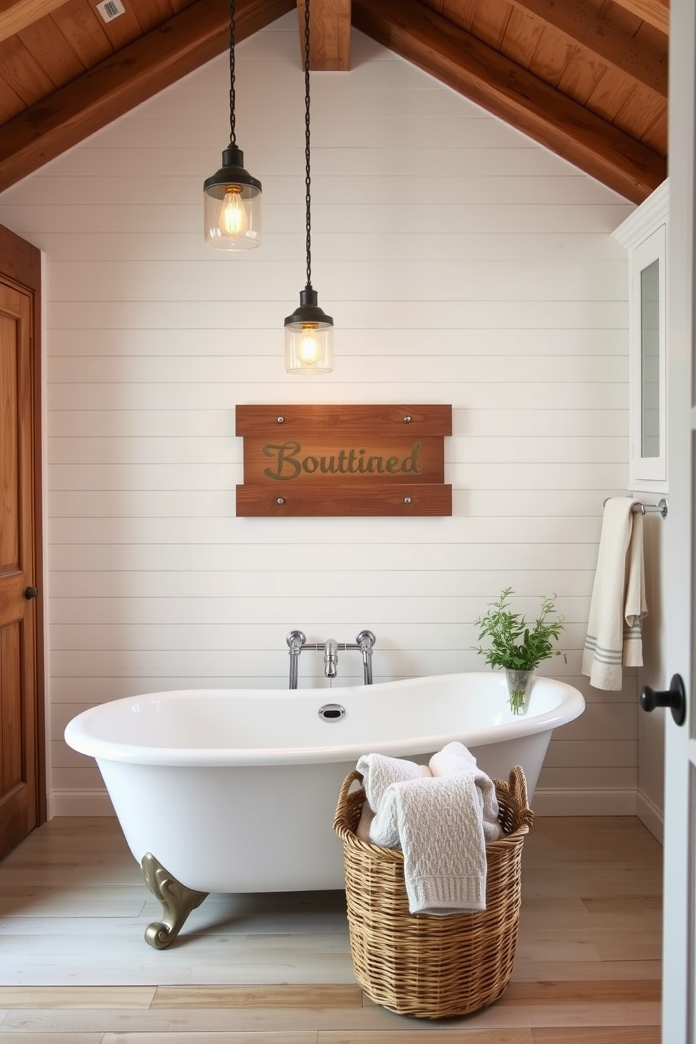 A cozy farmhouse bathroom featuring hanging pendant lights that create a warm ambiance. The space is filled with rustic charm, showcasing shiplap walls and a vintage clawfoot tub. Natural wood accents complement the soft white cabinetry, enhancing the inviting atmosphere. A woven basket sits beside the tub, filled with plush towels for a touch of comfort.