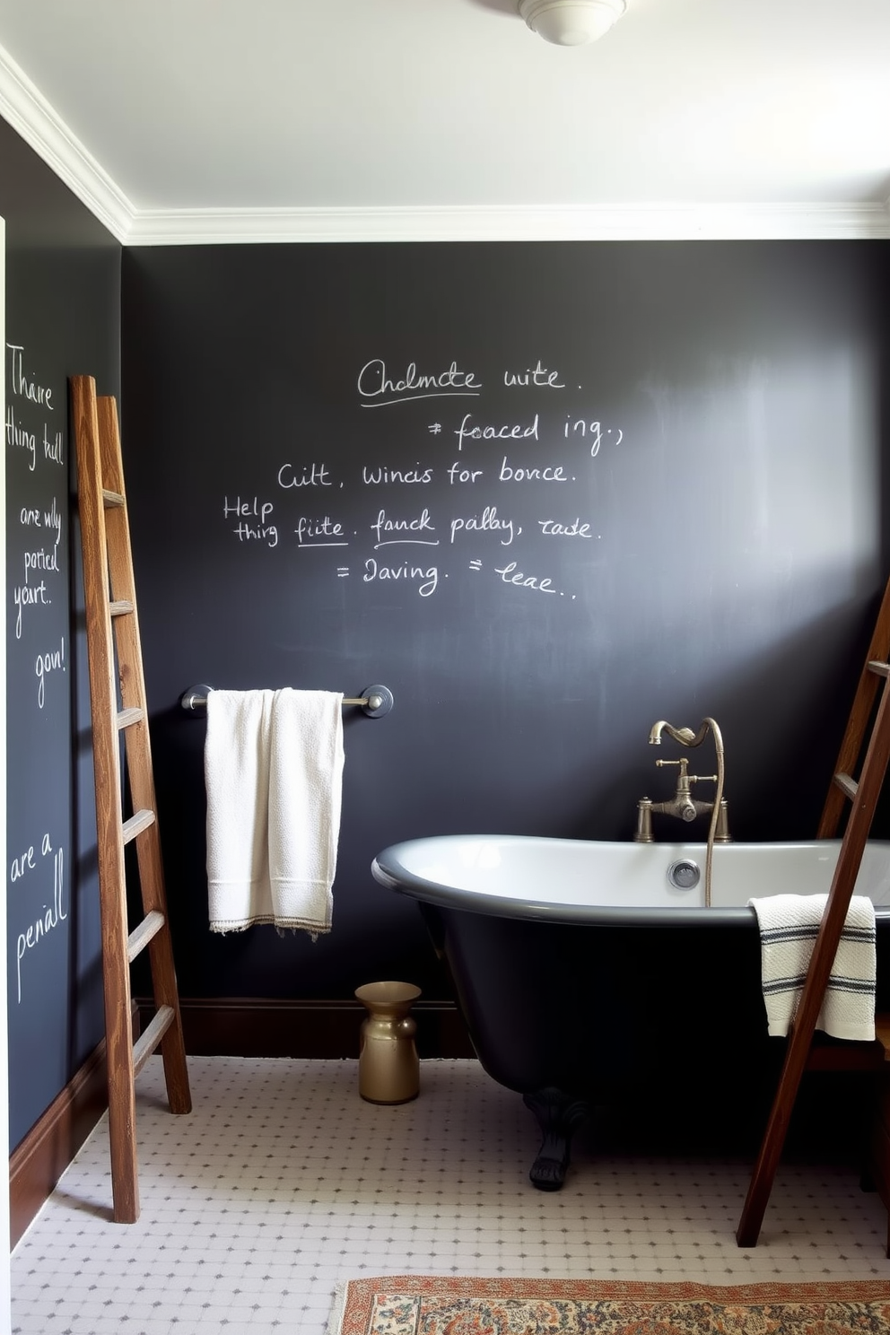 A farmhouse bathroom featuring a chalkboard wall that serves as both a functional space for notes and a decorative element. The room includes a freestanding tub with vintage-style faucets and a rustic wooden ladder for hanging towels.