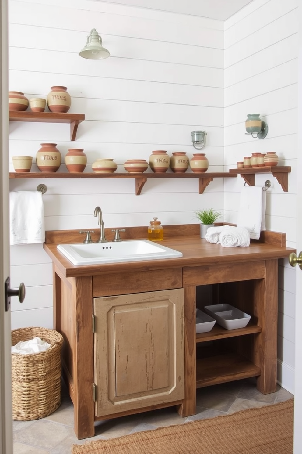 Artisan pottery adds a unique touch to the farmhouse bathroom, showcasing handcrafted pieces in earthy tones. The space features a rustic wooden vanity with a distressed finish and a large farmhouse sink, complemented by open shelving displaying the pottery. The walls are adorned with shiplap in a soft white hue, creating a bright and airy atmosphere. Vintage-inspired fixtures in brushed nickel enhance the charm, while a woven basket holds plush towels for a cozy feel.