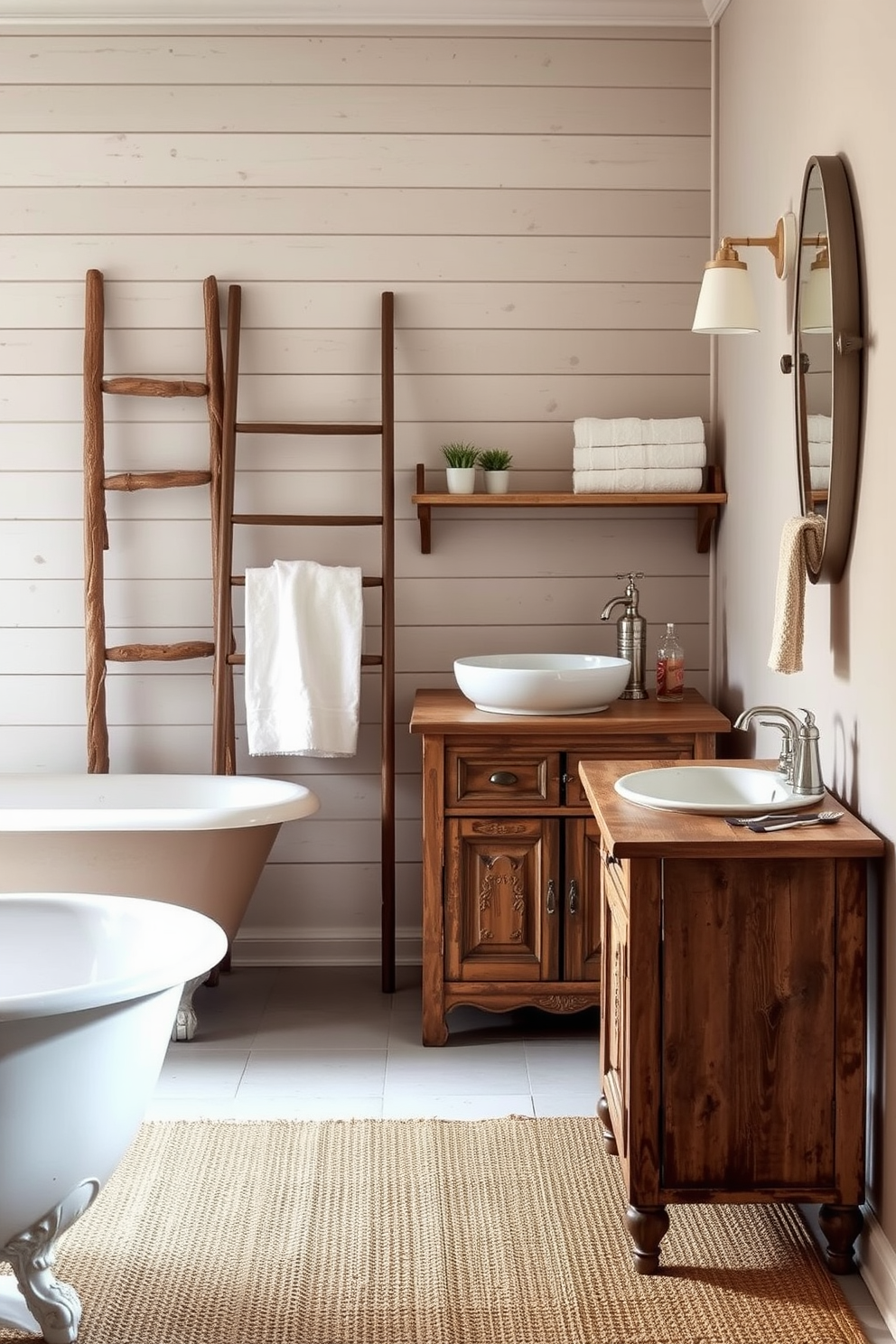 A charming farmhouse bathroom featuring neutral-toned tiles that create a clean and inviting atmosphere. The space includes a freestanding soaking tub with a rustic wooden stool beside it, adorned with soft towels and a potted plant. Above the tub, a large window allows natural light to flood the room, framed by sheer white curtains. The walls are painted in a soft beige, complementing the warm tones of the wooden accents throughout the space.