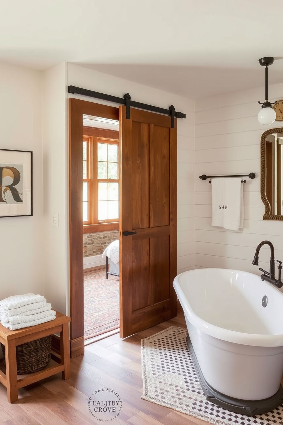 Open concept layout for spacious feel. The farmhouse bathroom features shiplap walls painted in soft white, complemented by a freestanding clawfoot tub positioned under a large window. Rustic wooden beams stretch across the ceiling, enhancing the airy atmosphere. A double vanity made of reclaimed wood with a distressed finish offers ample storage, topped with vintage-style faucets.