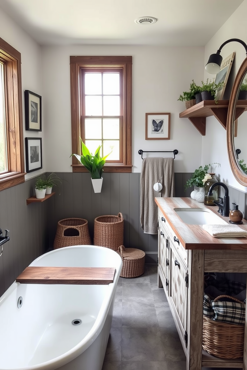 A cozy farmhouse bathroom featuring reclaimed wood accents for sustainability. The walls are adorned with shiplap, and a rustic wooden vanity complements a vintage-style sink. Natural light floods the space through a large window, highlighting the earthy tones of the decor. A freestanding bathtub sits beneath the window, surrounded by potted plants and woven baskets for storage.