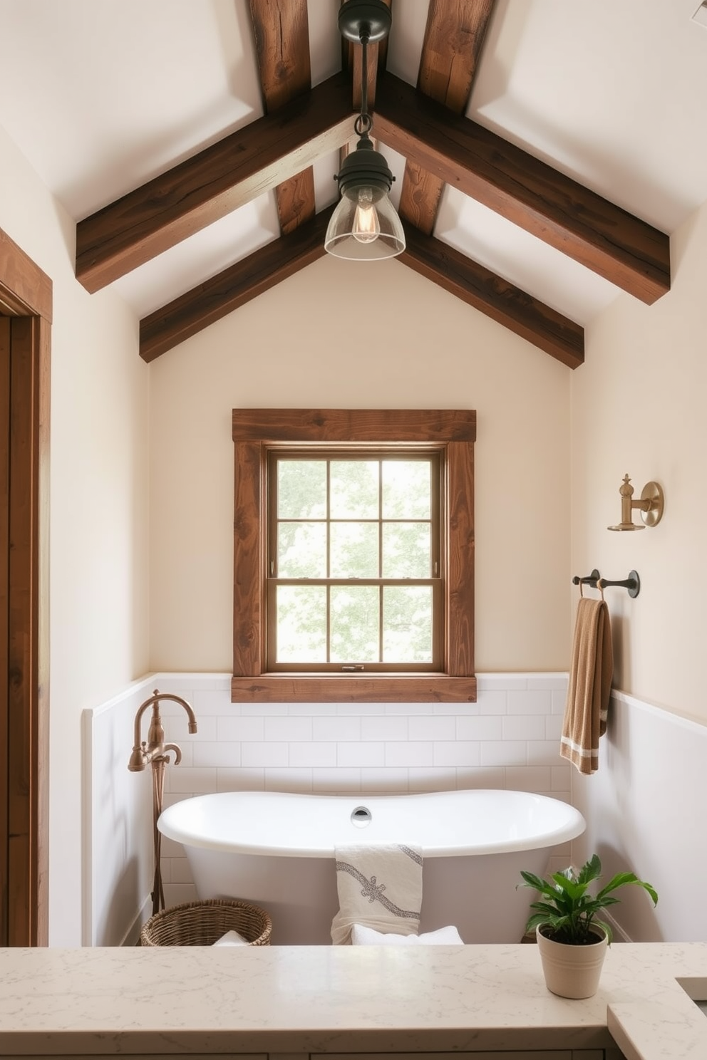 A cozy farmhouse bathroom features glass jars displayed on a rustic wooden shelf, filled with cotton balls and bath salts. The walls are adorned with shiplap, and a vintage mirror hangs above a distressed vanity with a porcelain sink. Natural light floods the space through a small window, highlighting the earthy tones of the decor. A woven basket sits in the corner, adding texture and warmth to the overall design.