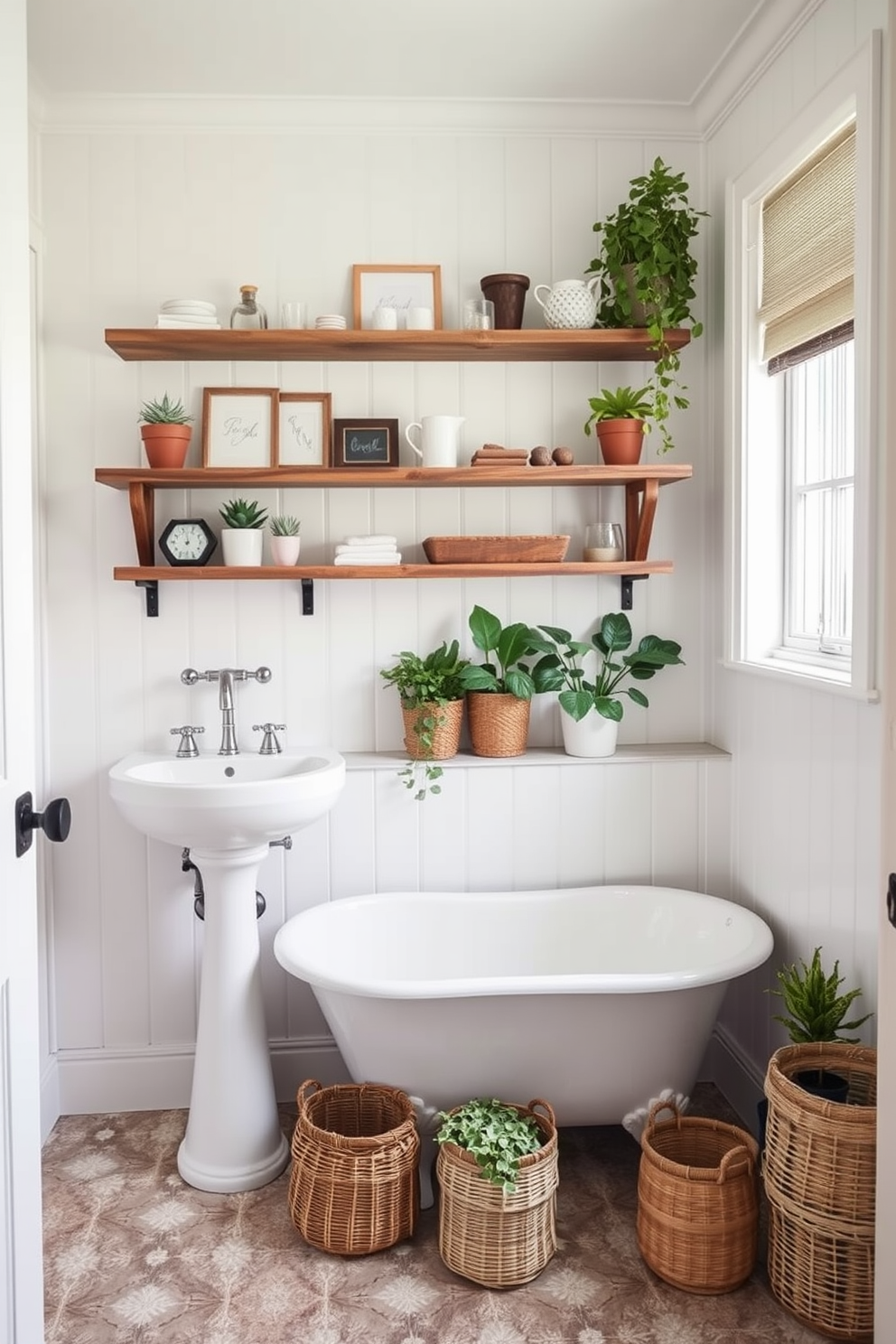 Open shelving made of reclaimed wood is installed above a vintage-style sink, showcasing neatly arranged decorative items and plants. The walls are painted in a soft white, creating a bright and airy atmosphere, while rustic accents add warmth to the farmhouse aesthetic. A freestanding bathtub sits in the corner, surrounded by potted greenery and woven baskets for storage. The floor features classic hexagonal tiles, enhancing the charming and inviting feel of the bathroom space.