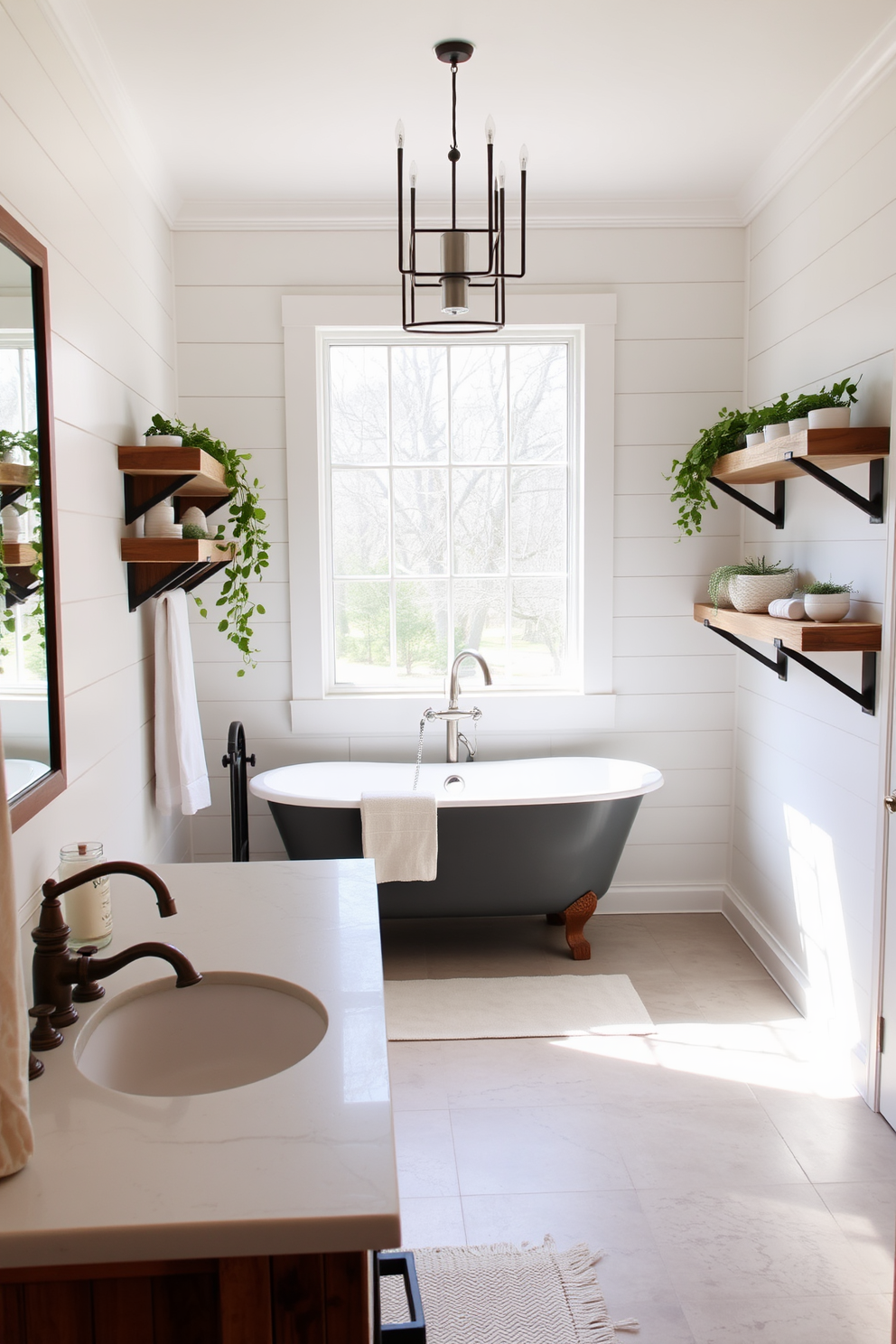 A serene farmhouse bathroom featuring a neutral color palette that promotes calming vibes. The space includes a freestanding tub surrounded by shiplap walls painted in soft white, complemented by rustic wooden shelves adorned with greenery. The vanity is crafted from reclaimed wood with a smooth stone countertop, showcasing vintage-style faucets. Natural light floods in through a large window, creating a warm and inviting atmosphere.