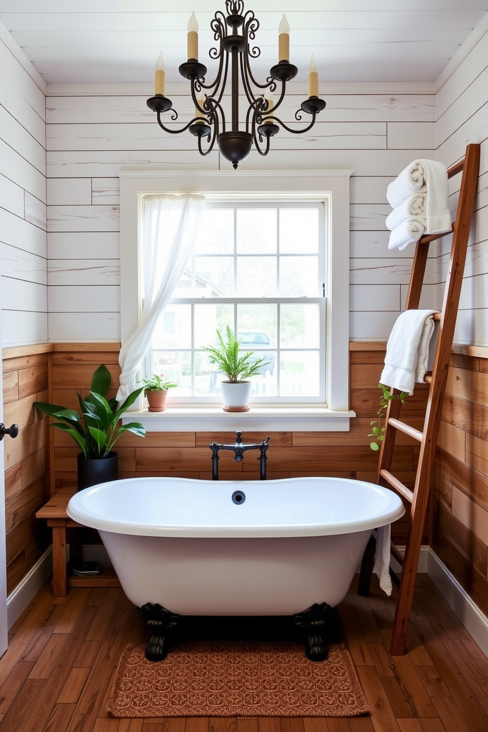 A charming farmhouse bathroom featuring reclaimed wood accents throughout the space. The walls are adorned with shiplap panels, and a rustic wooden bench sits beneath a window with sheer white curtains. A freestanding soaking tub made of cast iron is positioned in the center, surrounded by potted greenery. Above the tub, a vintage chandelier adds a touch of elegance, while a wooden ladder displays fluffy white towels.