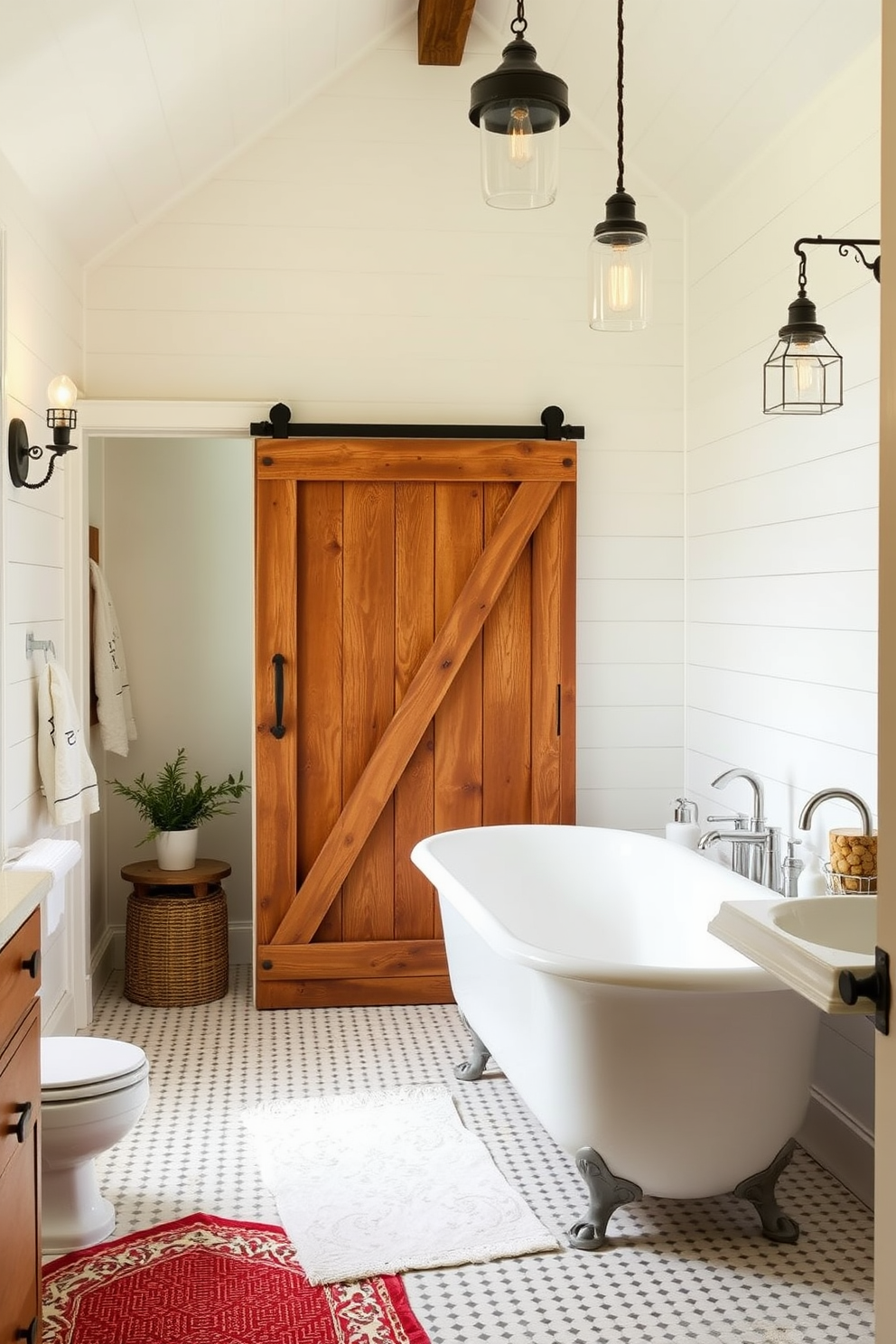 A charming farmhouse bathroom featuring a rustic barn door that adds a stylish touch while providing privacy. The space is adorned with shiplap walls, a freestanding soaking tub, and vintage light fixtures that enhance the cozy atmosphere.