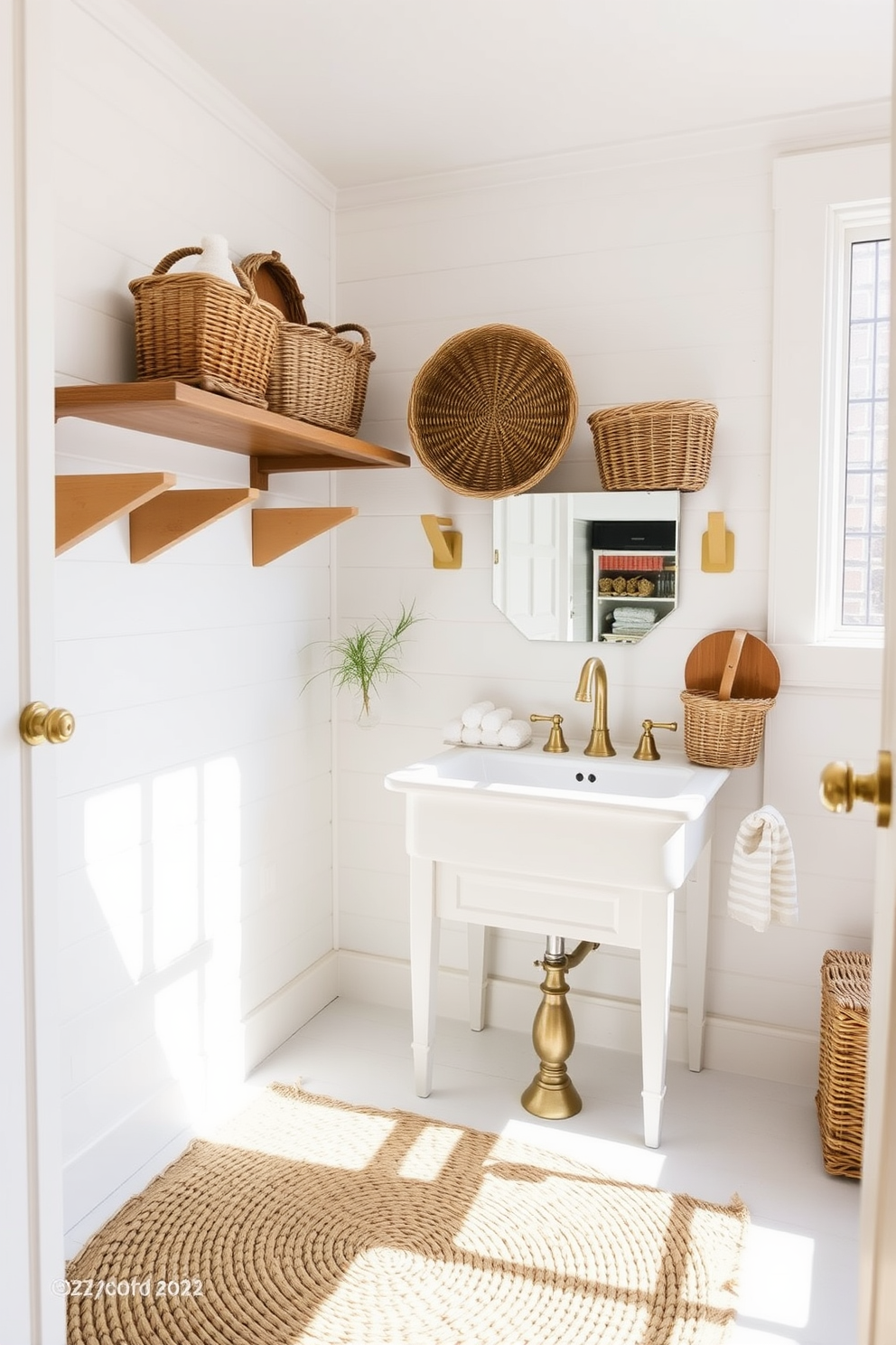 A cozy farmhouse bathroom featuring textured rugs that enhance comfort and warmth. The space includes a freestanding soaking tub surrounded by natural wood accents and vintage-inspired fixtures. White shiplap walls create a bright and airy atmosphere while complementing the rustic charm of the decor. A large window allows natural light to flood the room, highlighting the soft, inviting textures throughout.