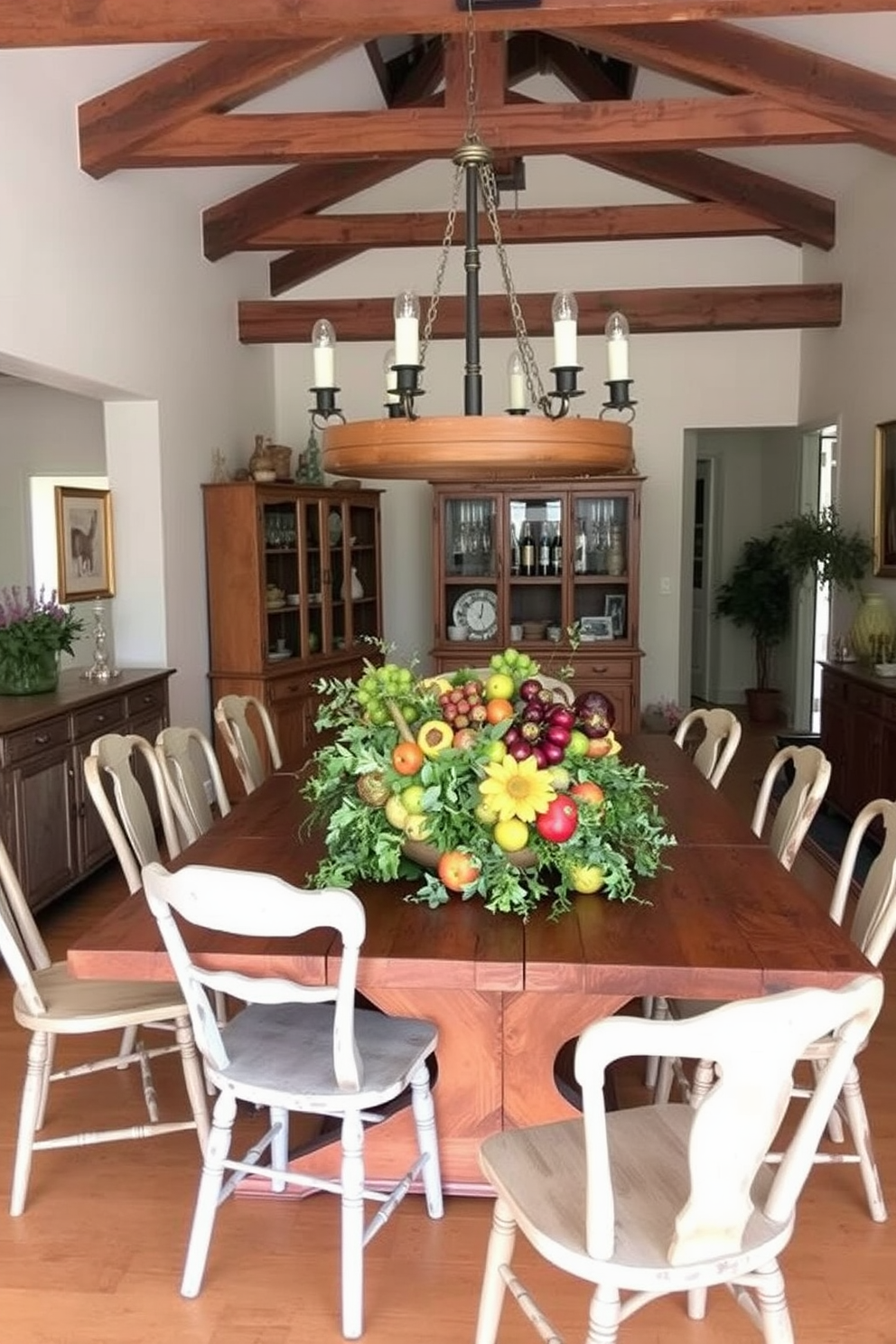 A rustic wood dining table centerpiece is adorned with a variety of seasonal fruits and greenery. Surrounding the table are mismatched vintage chairs that add character to the farmhouse dining room atmosphere. The walls are painted in a soft cream color, complemented by exposed wooden beams overhead. A large farmhouse-style chandelier hangs above the table, casting a warm glow over the inviting space.