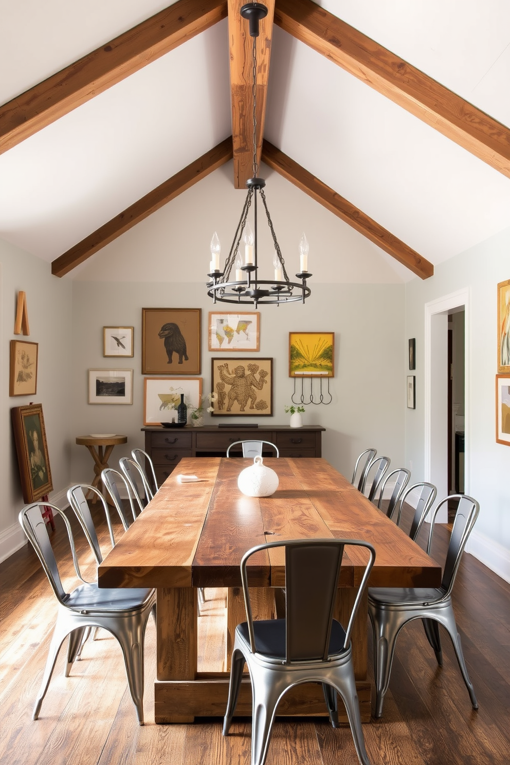 A charming farmhouse dining room blends modern and rustic decor elements seamlessly. The centerpiece is a long reclaimed wood table surrounded by sleek metal chairs, creating a striking contrast. Soft, ambient lighting hangs above, featuring a contemporary chandelier that complements the rustic wood beams of the ceiling. The walls are adorned with a mix of vintage artwork and modern prints, enhancing the room's eclectic feel.