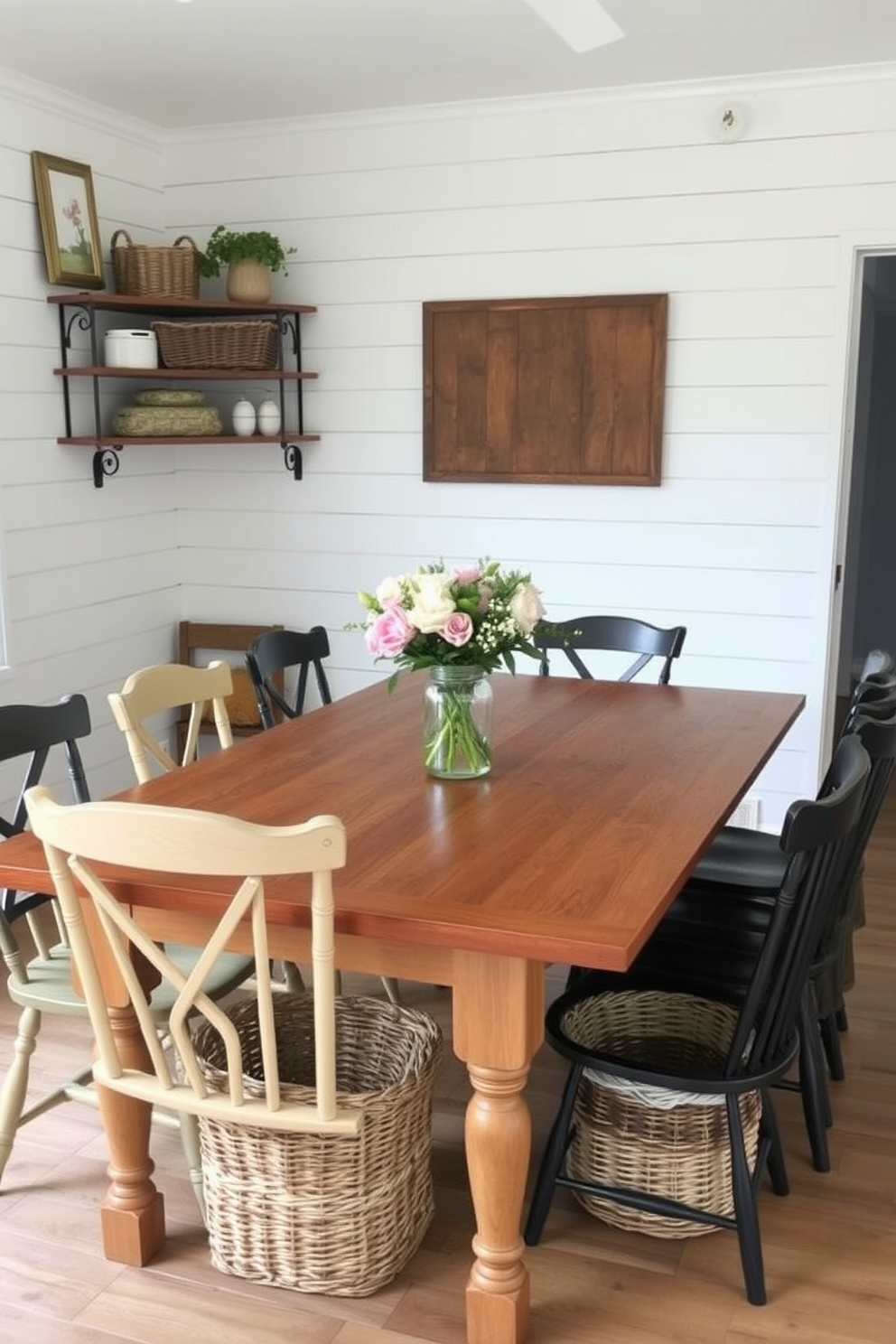 A charming farmhouse dining room features a large reclaimed wood table surrounded by mismatched vintage chairs that add character. Soft natural light filters through sheer linen curtains, illuminating a mix of modern pendant lights and rustic decor accents on the walls. A cozy area rug in muted earth tones anchors the space, while a vintage sideboard displays an array of curated dishware and decorative items. Fresh greenery in a ceramic vase sits at the center of the table, enhancing the inviting atmosphere of the room.