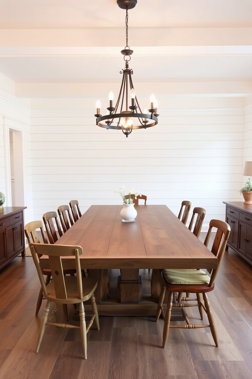 A large farmhouse table made of reclaimed wood sits at the center of a spacious dining room. Surrounding the table are mismatched wooden chairs that add a charming, rustic touch to the overall design. The walls are adorned with shiplap in a soft white finish, creating a bright and airy atmosphere. A statement chandelier made of wrought iron hangs above the table, providing warm lighting for family gatherings.