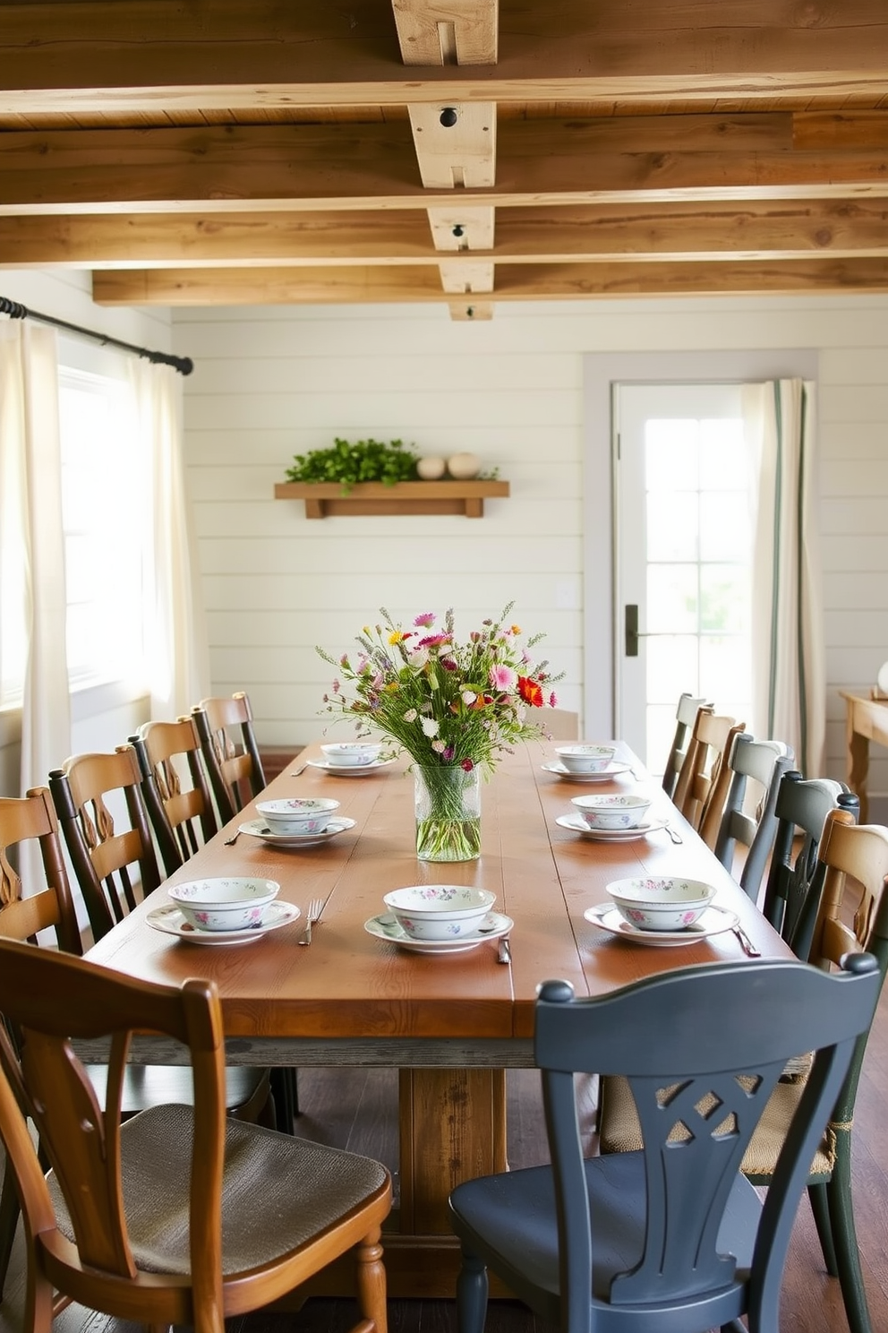 A rustic farmhouse dining room features a large wooden table with mismatched vintage tableware, including floral-patterned plates and handcrafted ceramic bowls. Surrounding the table are mismatched chairs, each with its own unique finish, creating an inviting and warm atmosphere. Soft, natural light streams in through large windows adorned with simple linen curtains, illuminating the room's exposed wooden beams and shiplap walls. A vase filled with wildflowers sits at the center of the table, enhancing the room's charming and cozy aesthetic.