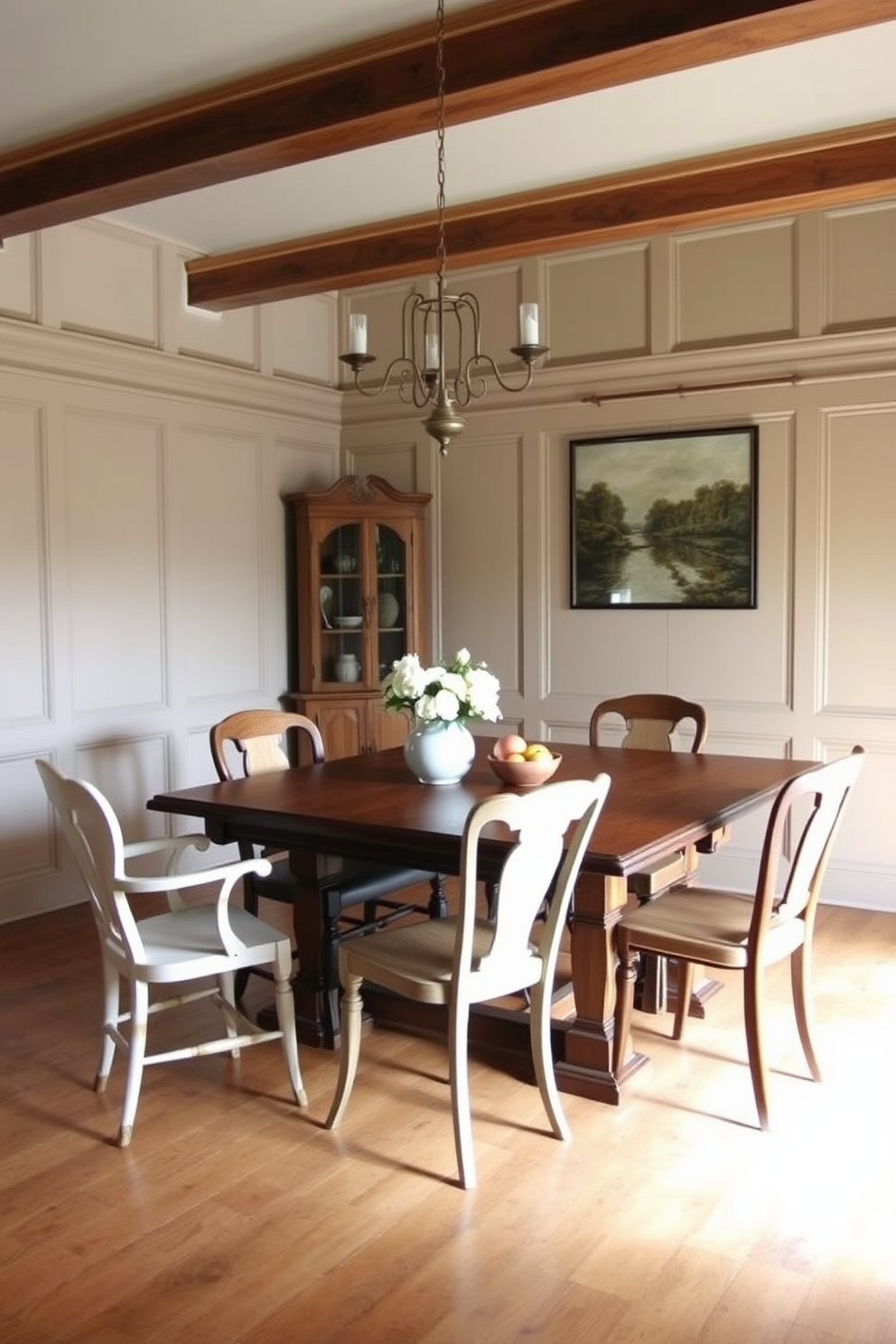 A charming farmhouse dining room features elegant wall paneling that adds depth and character to the space. The room is adorned with a rustic wooden dining table surrounded by mismatched chairs, creating a warm and inviting atmosphere.