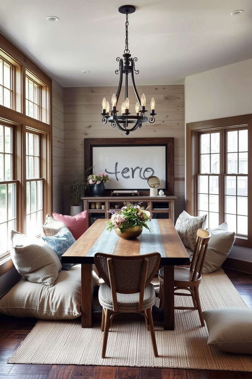 A cozy farmhouse dining room featuring layered rugs that add texture and comfort. The dining table is made of reclaimed wood surrounded by mismatched chairs, creating a warm and inviting atmosphere. Natural light floods the space through large windows adorned with simple linen curtains. A centerpiece of fresh flowers sits atop the table, complemented by rustic tableware and vintage accents.