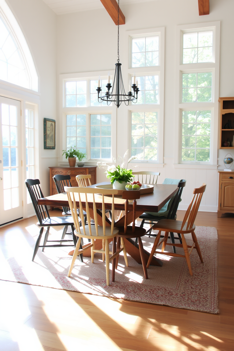 A bright farmhouse dining room filled with natural light streaming through large windows. The space features a rustic wooden dining table surrounded by mismatched chairs, complemented by a cozy area rug beneath.