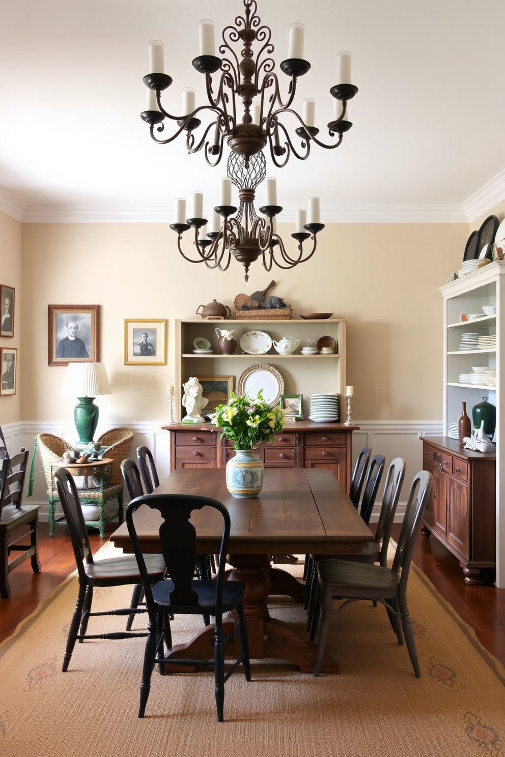 Antique decor pieces are strategically placed throughout the room, including a vintage sideboard and an ornate chandelier that adds character. The walls are adorned with framed historical photographs, and a rustic wooden table serves as the centerpiece, surrounded by mismatched chairs. The dining room features a warm color palette with soft beige and deep green accents, creating an inviting atmosphere. A collection of antique dishware is displayed on open shelves, complementing the overall farmhouse aesthetic while adding a touch of history.