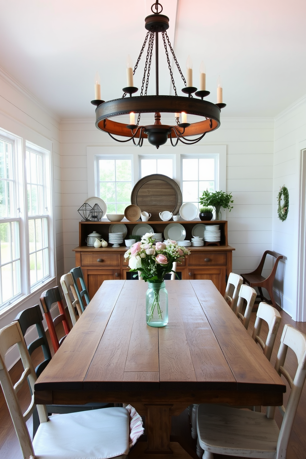 A rustic chandelier hangs majestically above a long wooden dining table, surrounded by mismatched chairs that add character to the space. The walls are adorned with shiplap, and large windows allow natural light to flood in, enhancing the warm, inviting atmosphere of the farmhouse dining room. A vintage sideboard sits against one wall, showcasing a collection of antique dishes and rustic decor. Fresh flowers in a mason jar serve as a centerpiece on the table, complementing the overall cozy and charming aesthetic of the room.